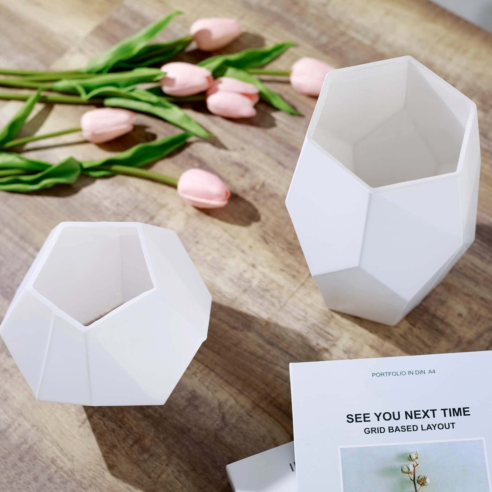 Set of 2 Glass Flower Vases Geometric Design 5", 8" Matte White - Modern Candle Holder Centerpieces - Image 2