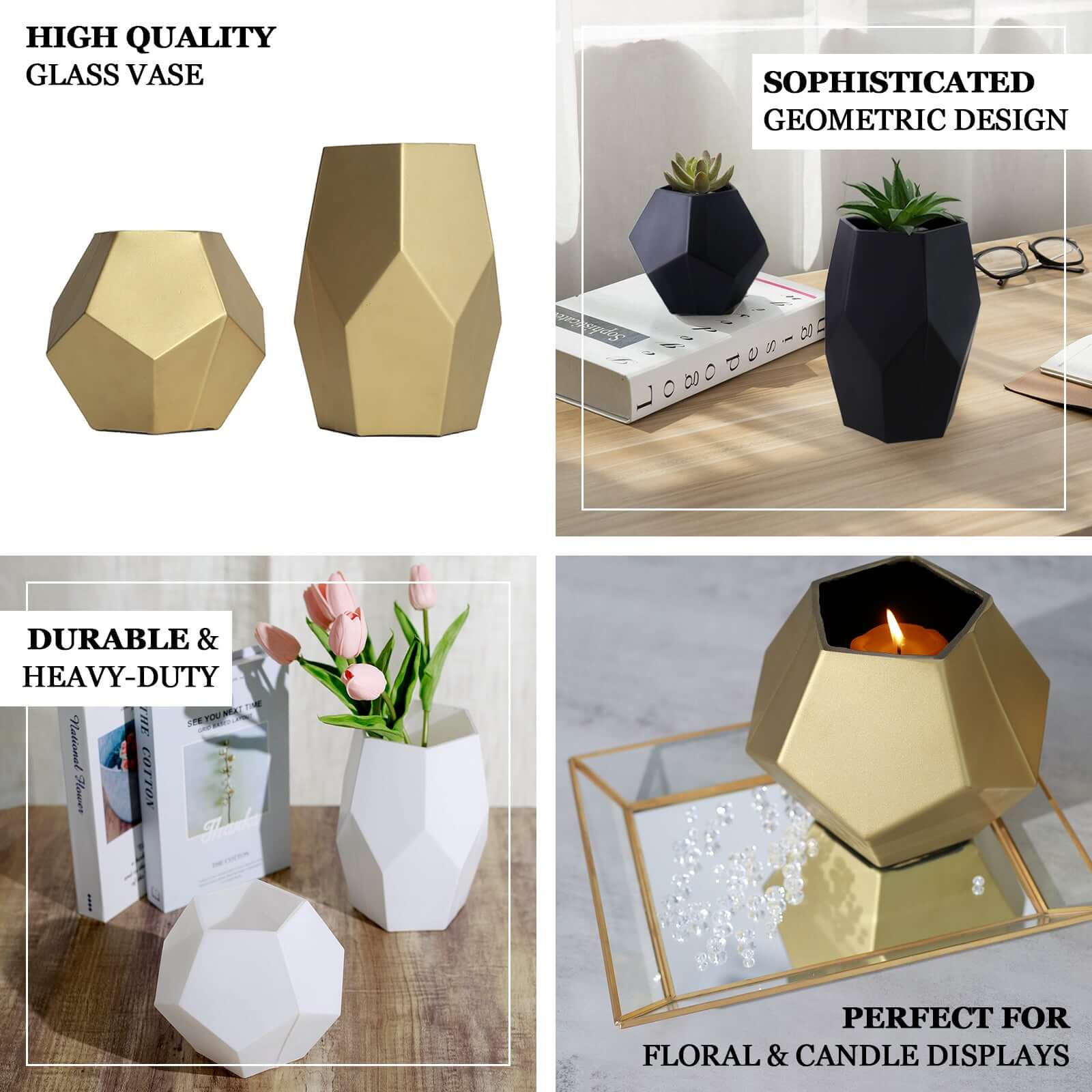 Set of 2 Glass Flower Vases Geometric Design 5", 8" Matte White - Modern Candle Holder Centerpieces - Image 4