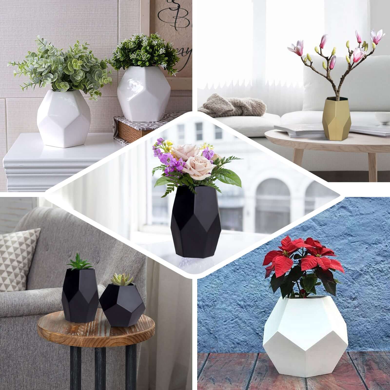 Set of 2 Glass Flower Vases Geometric Design 5", 8" Matte White - Modern Candle Holder Centerpieces - Image 5