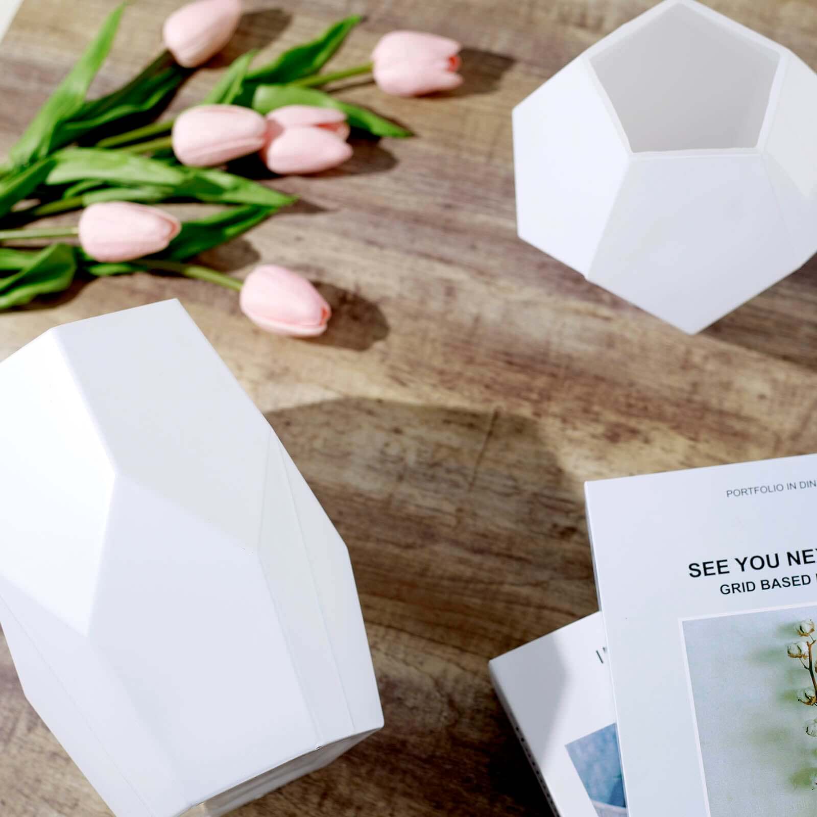 Set of 2 Glass Flower Vases Geometric Design 5", 8" Matte White - Modern Candle Holder Centerpieces - Image 9