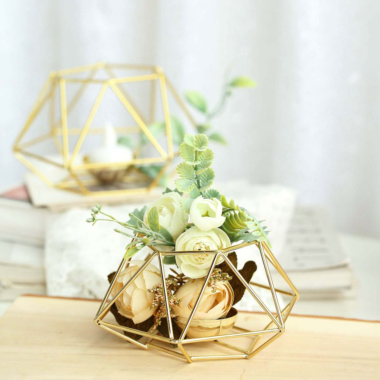 Set of 2 Gold Metal Candle Holders 4"x3" Hexagon Geometric Design - Stylish Table Centerpieces for Weddings & Events - Image 10