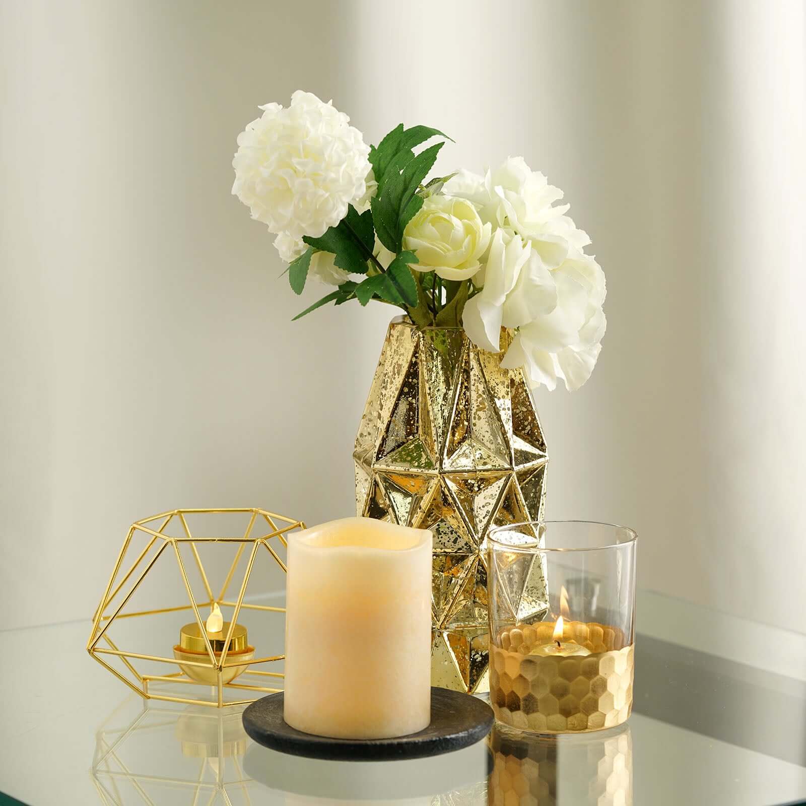 Set of 2 Gold Metal Candle Holders 4"x3" Hexagon Geometric Design - Stylish Table Centerpieces for Weddings & Events - Image 11