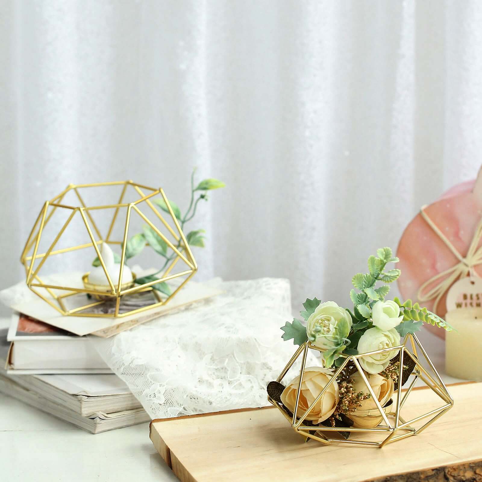 Set of 2 Gold Metal Candle Holders 4"x3" Hexagon Geometric Design - Stylish Table Centerpieces for Weddings & Events - Image 2