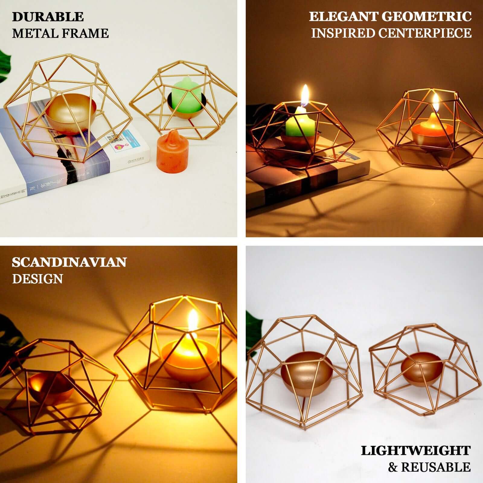Set of 2 Gold Metal Candle Holders 4"x3" Hexagon Geometric Design - Stylish Table Centerpieces for Weddings & Events - Image 4