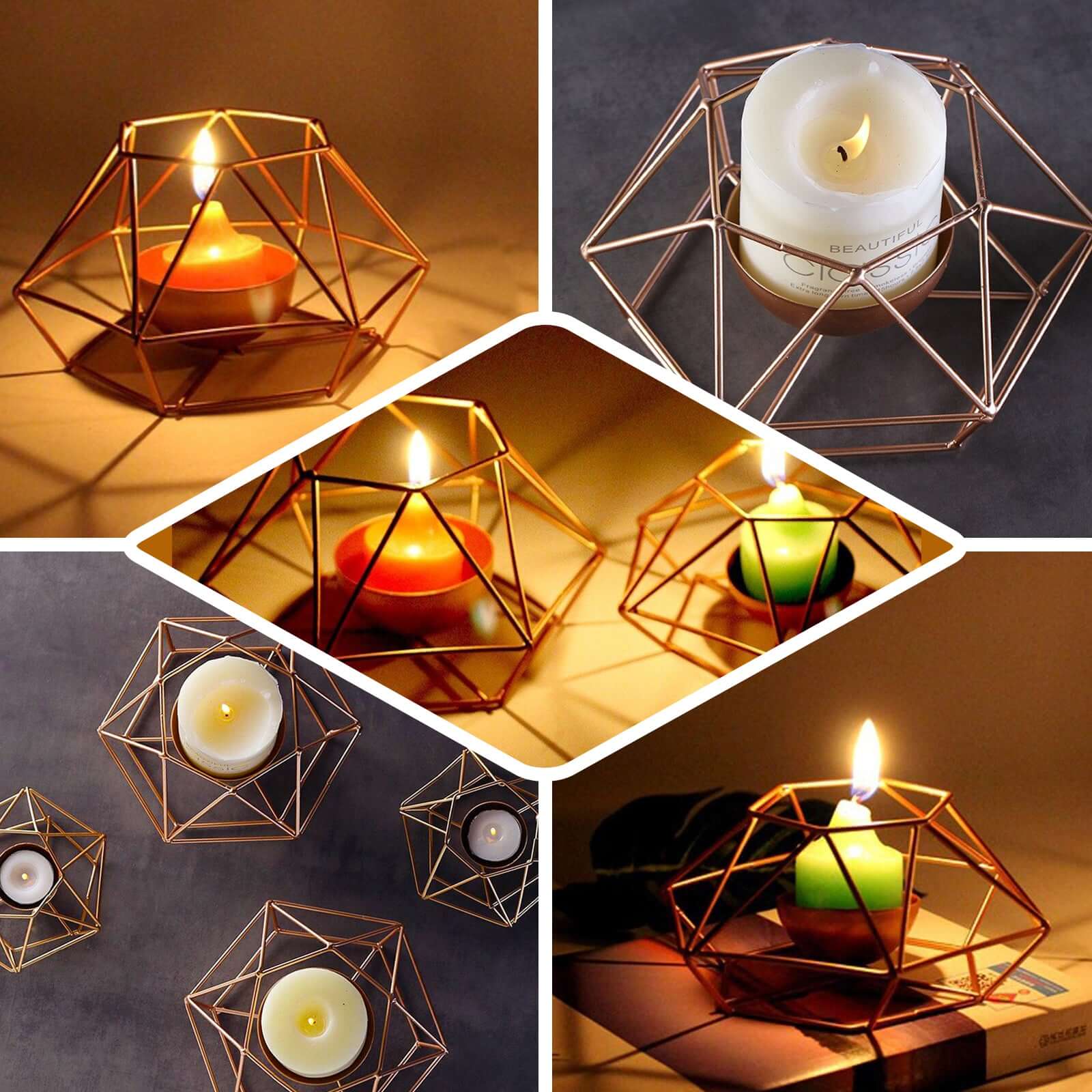 Set of 2 Gold Metal Candle Holders 4"x3" Hexagon Geometric Design - Stylish Table Centerpieces for Weddings & Events - Image 5