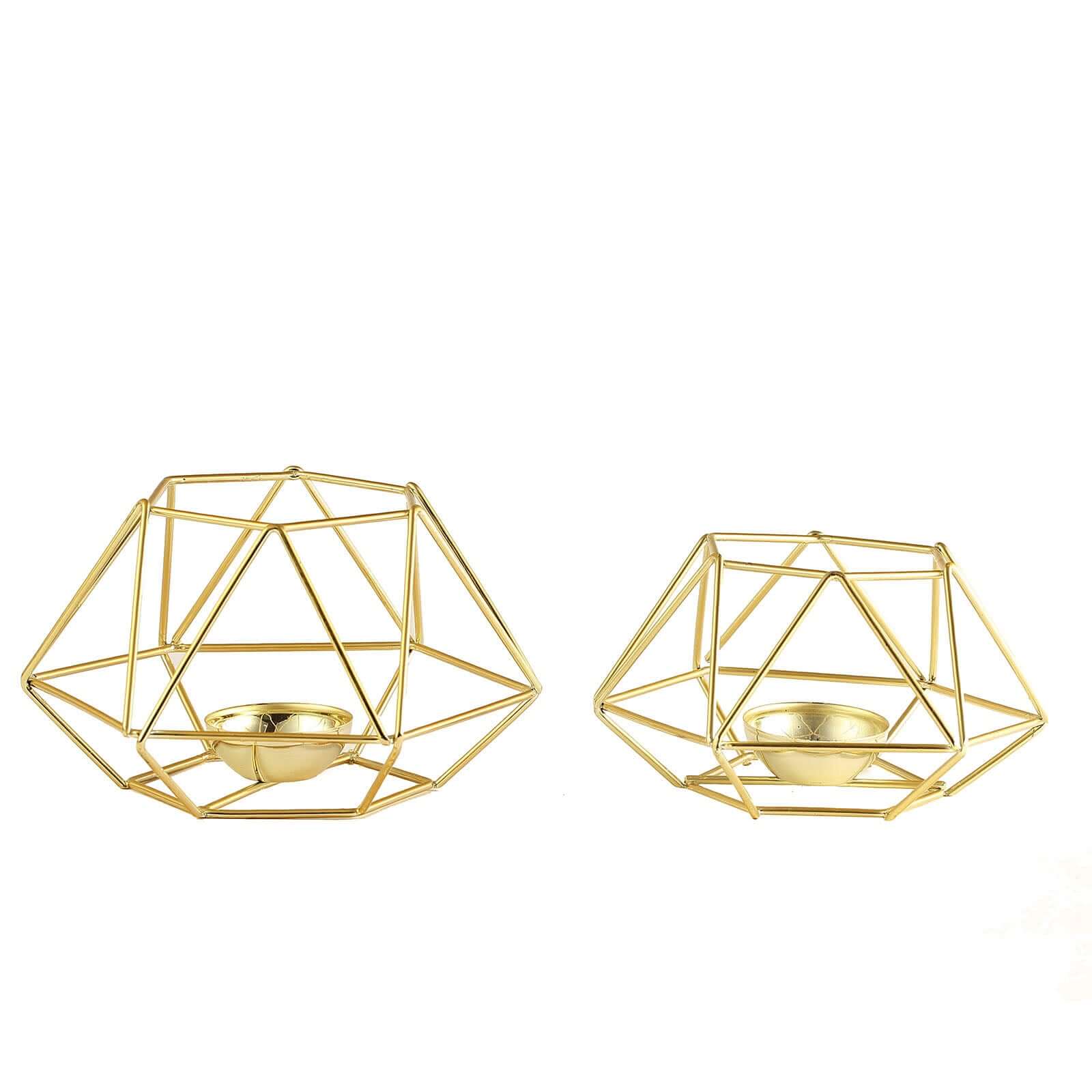 Set of 2 Gold Metal Candle Holders 4"x3" Hexagon Geometric Design - Stylish Table Centerpieces for Weddings & Events - Image 6