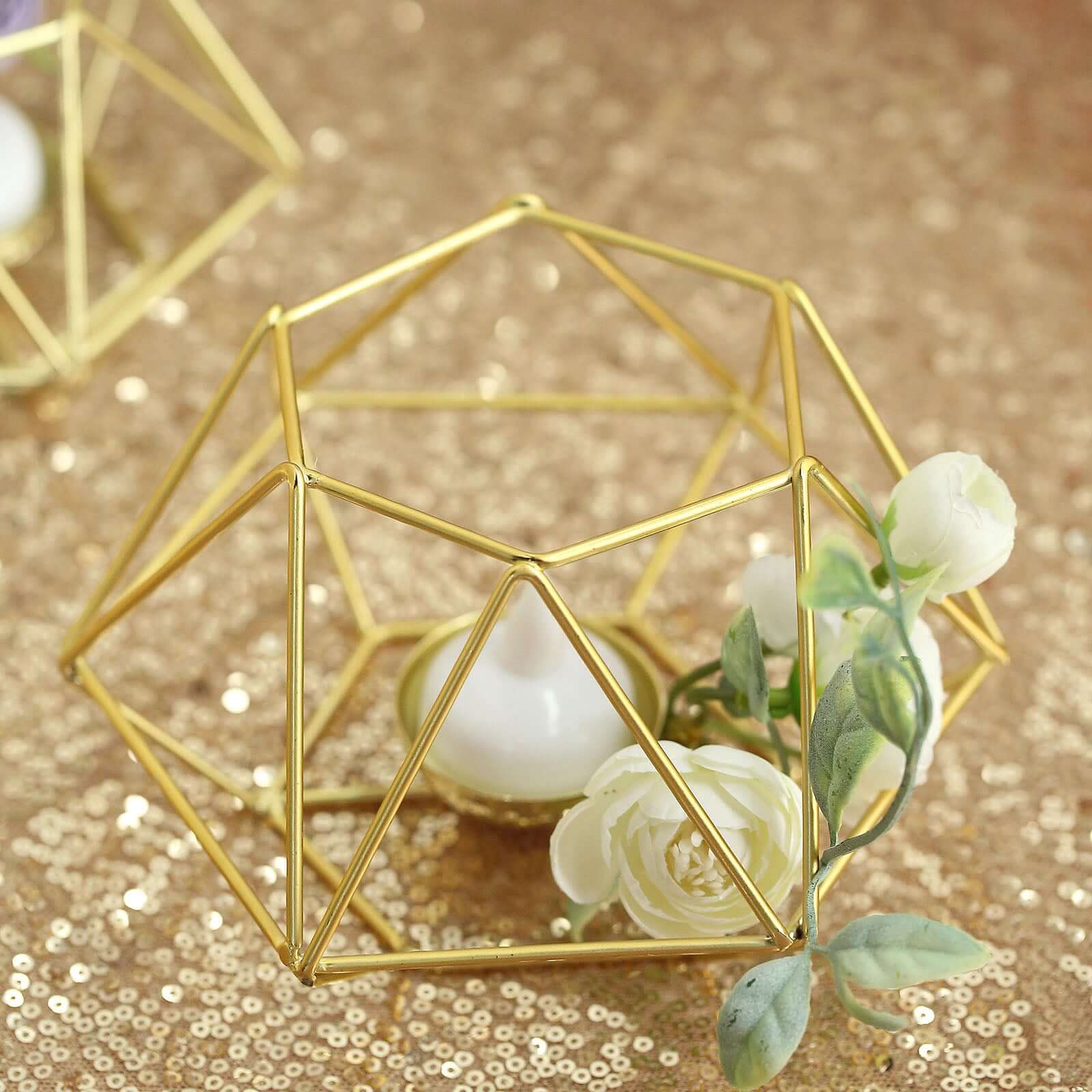 Set of 2 Gold Metal Candle Holders 4"x3" Hexagon Geometric Design - Stylish Table Centerpieces for Weddings & Events - Image 8