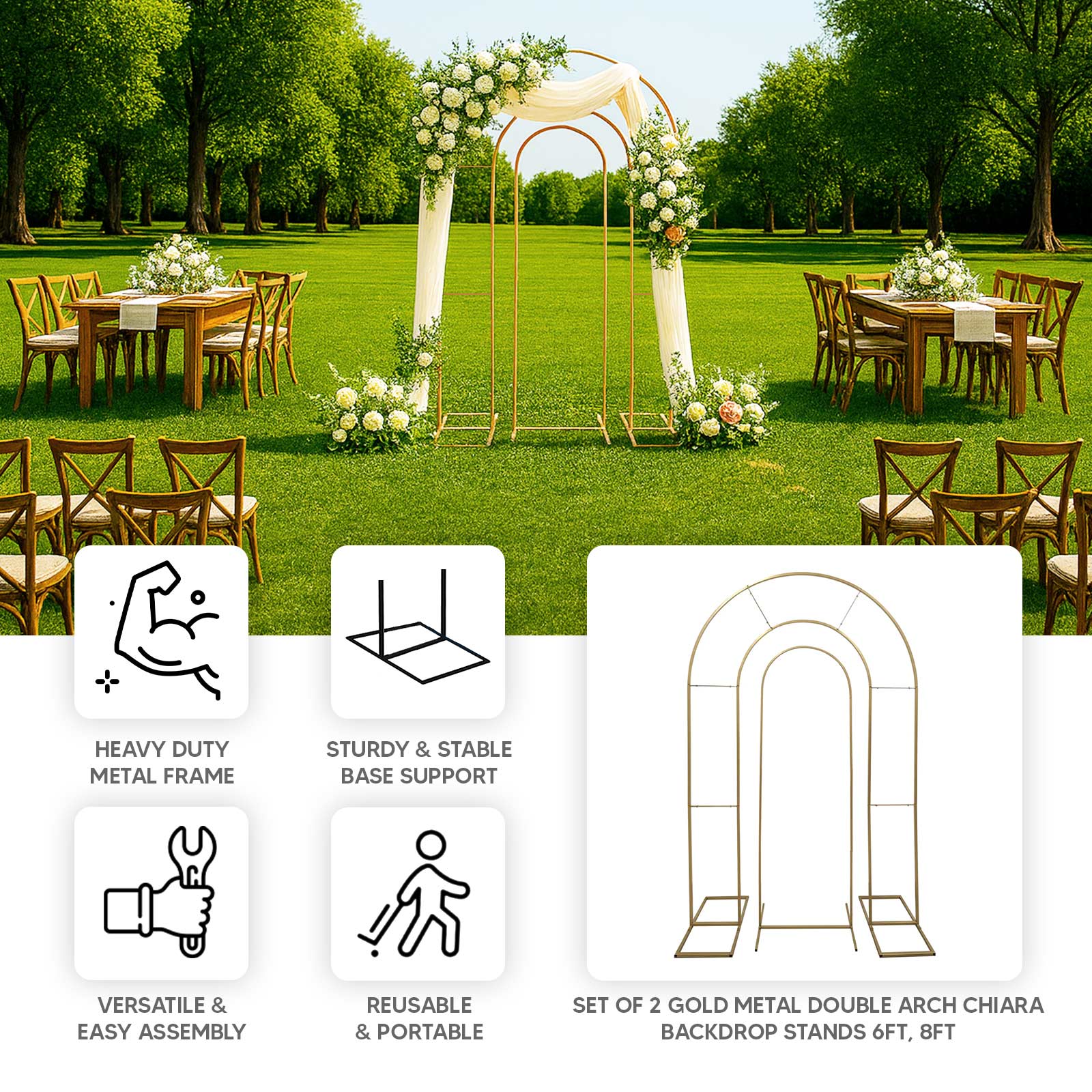 Set of 2 Gold Metal Round Top Wedding Arch Chiara Backdrop Stands, Double Arch Floral Balloon Frame Ceremony Arbors - 6ft,8ft - Image 4
