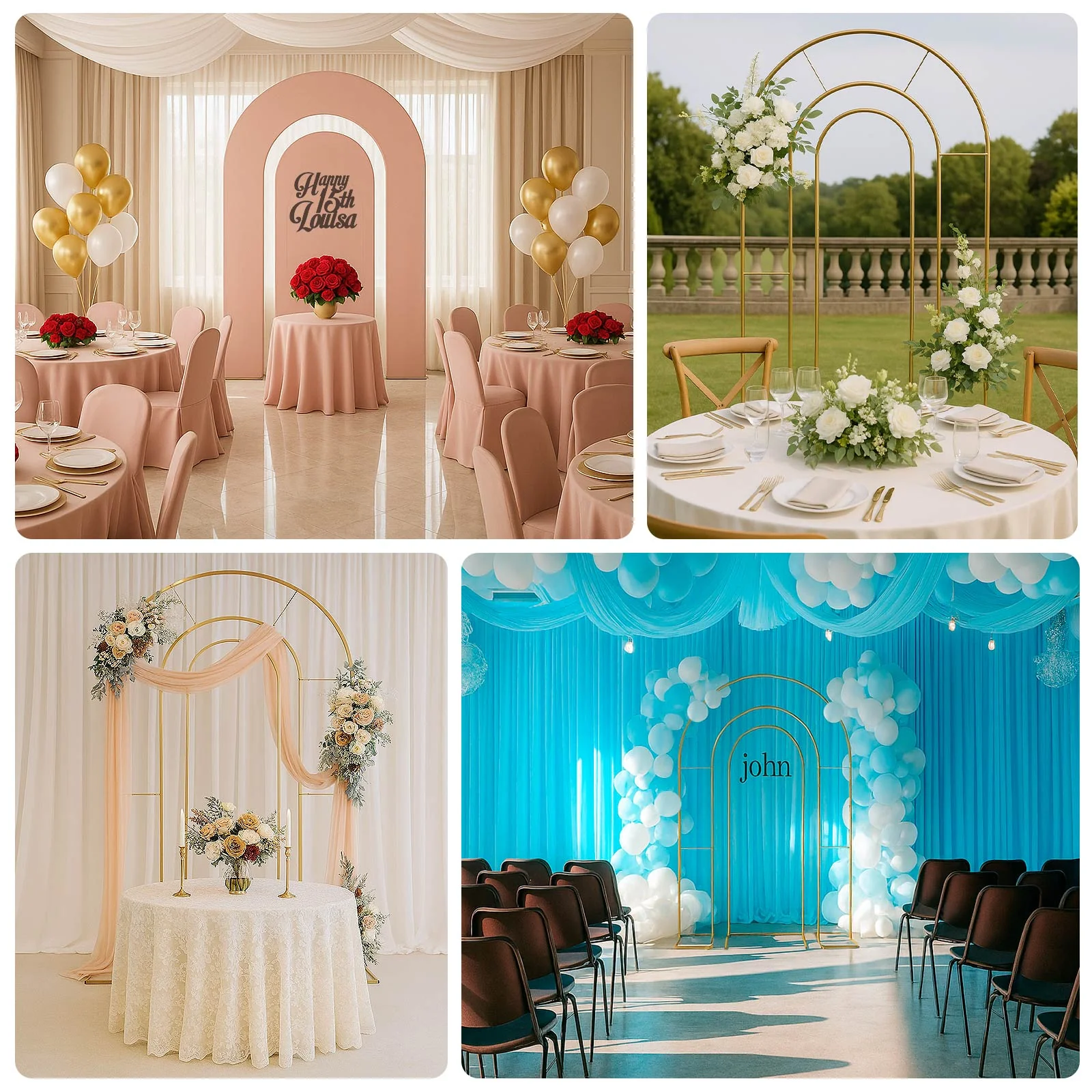 Set of 2 Gold Metal Round Top Wedding Arch Chiara Backdrop Stands, Double Arch Floral Balloon Frame Ceremony Arbors - 6ft,8ft - Image 5