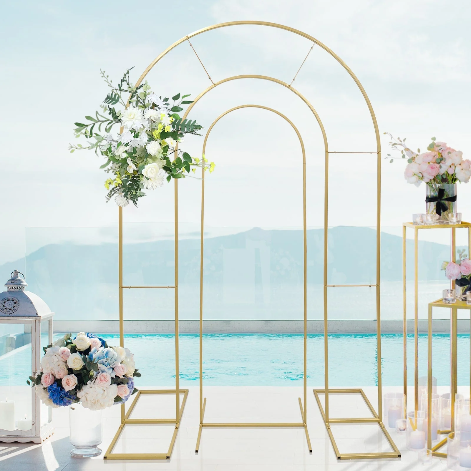 Set of 2 Gold Metal Round Top Wedding Arch Chiara Backdrop Stands, Double Arch Floral Balloon Frame Ceremony Arbors - 6ft,8ft - Image 8