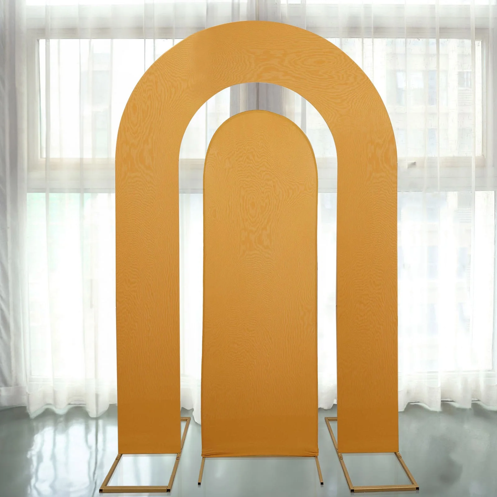 Set of 2 Gold Spandex Fitted Wedding Arch Covers for Round Top and Double Arch Chiara Backdrop Stands - 6ft,8ft - Image 7