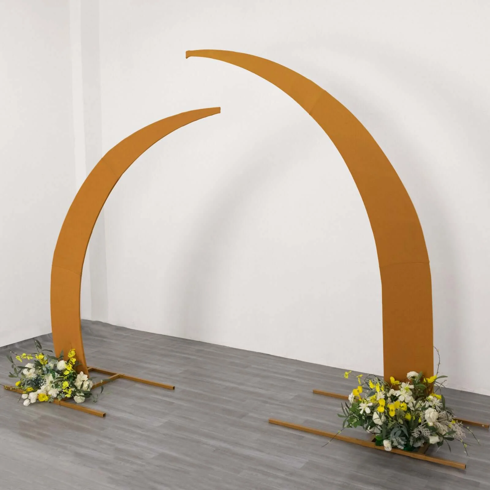 Set of 2 Gold Spandex Half Crescent Moon Wedding Arch Covers, Custom Fitted Backdrop Stand Cover for Curved Arbor Flower Balloon Frame - Image 2