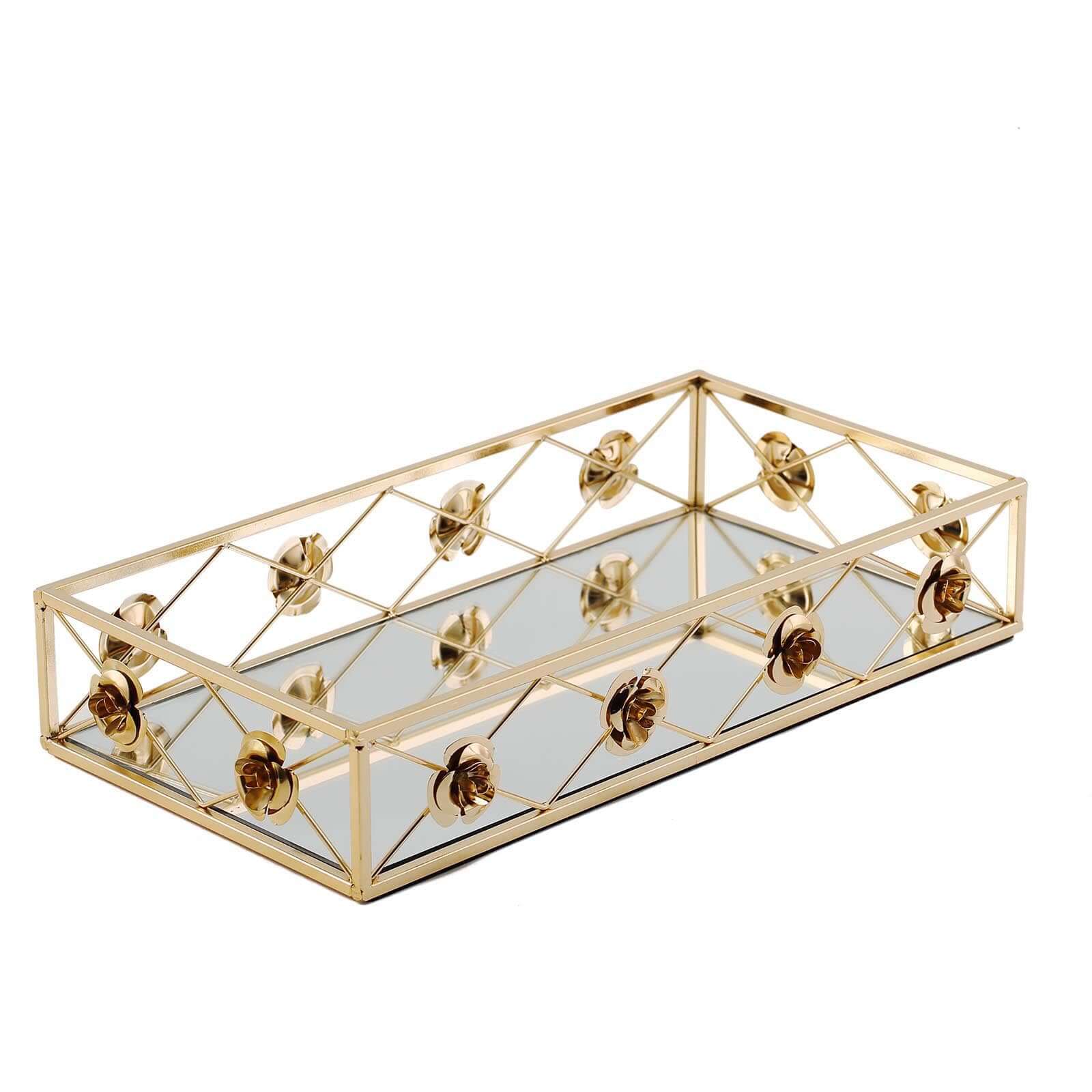 Set of 2 Metal Mirrored Serving Trays 15"x8", 19"x12" Rectangle Gold with Rose Borders - Glamorous Decorative Vanity Tray Centerpiece - Image 10
