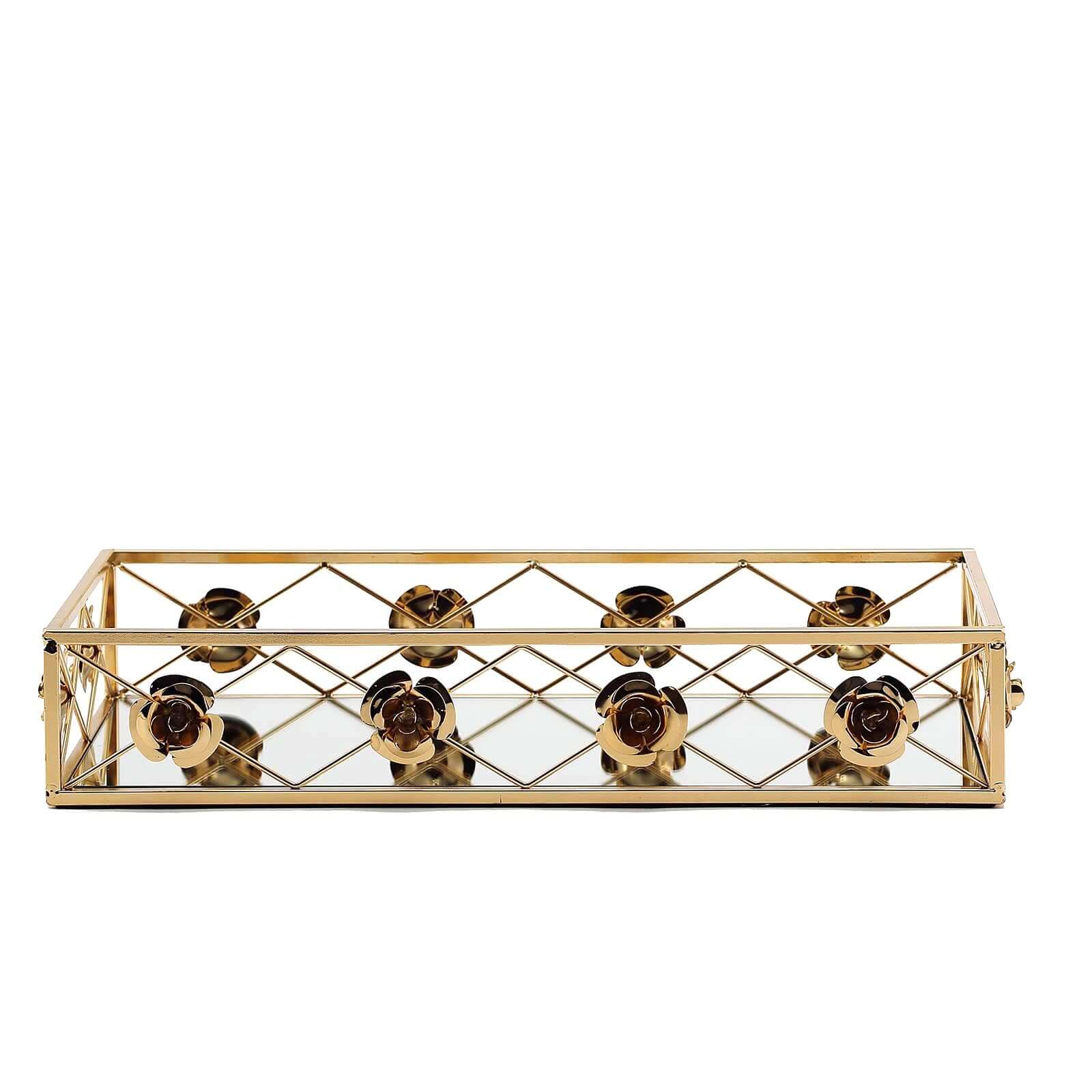 Set of 2 Metal Mirrored Serving Trays 15"x8", 19"x12" Rectangle Gold with Rose Borders - Glamorous Decorative Vanity Tray Centerpiece - Image 11