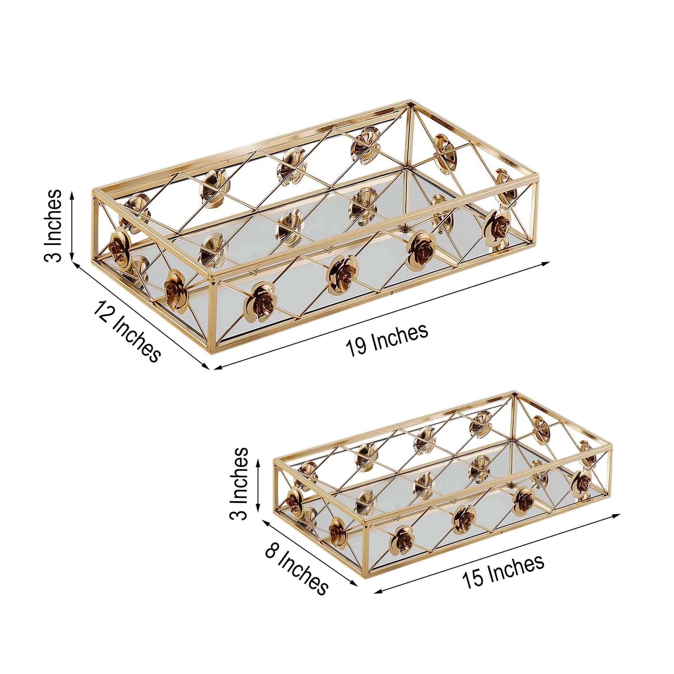 Set of 2 Metal Mirrored Serving Trays 15"x8", 19"x12" Rectangle Gold with Rose Borders - Glamorous Decorative Vanity Tray Centerpiece - Image 3