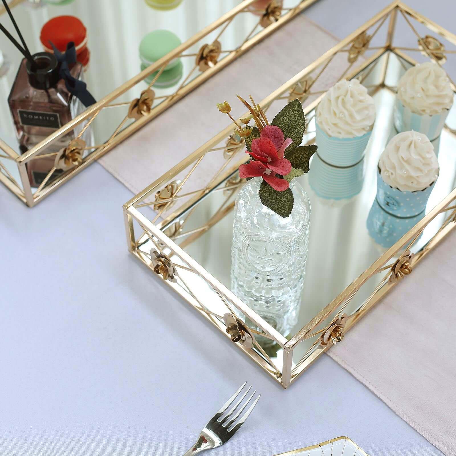Set of 2 Metal Mirrored Serving Trays 15"x8", 19"x12" Rectangle Gold with Rose Borders - Glamorous Decorative Vanity Tray Centerpiece - Image 5