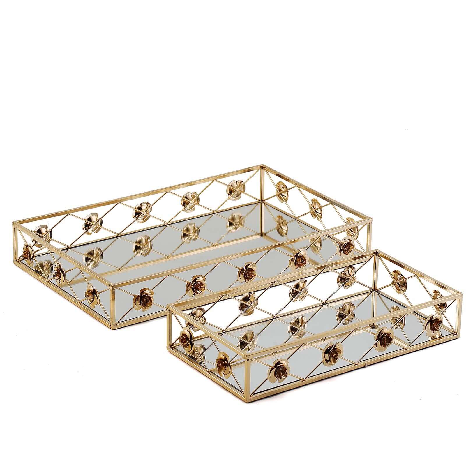Set of 2 Metal Mirrored Serving Trays 15"x8", 19"x12" Rectangle Gold with Rose Borders - Glamorous Decorative Vanity Tray Centerpiece - Image 6