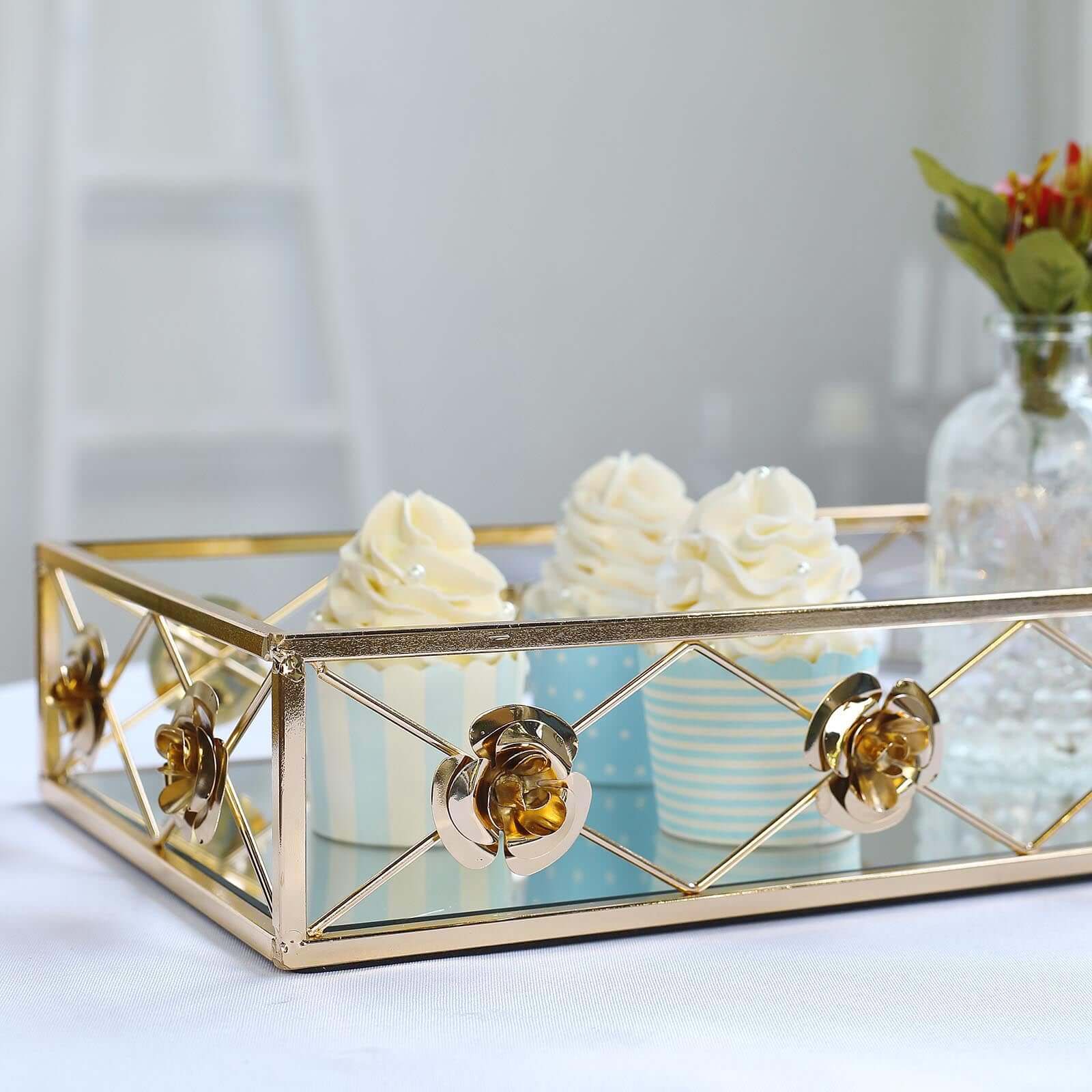 Set of 2 Metal Mirrored Serving Trays 15"x8", 19"x12" Rectangle Gold with Rose Borders - Glamorous Decorative Vanity Tray Centerpiece - Image 7