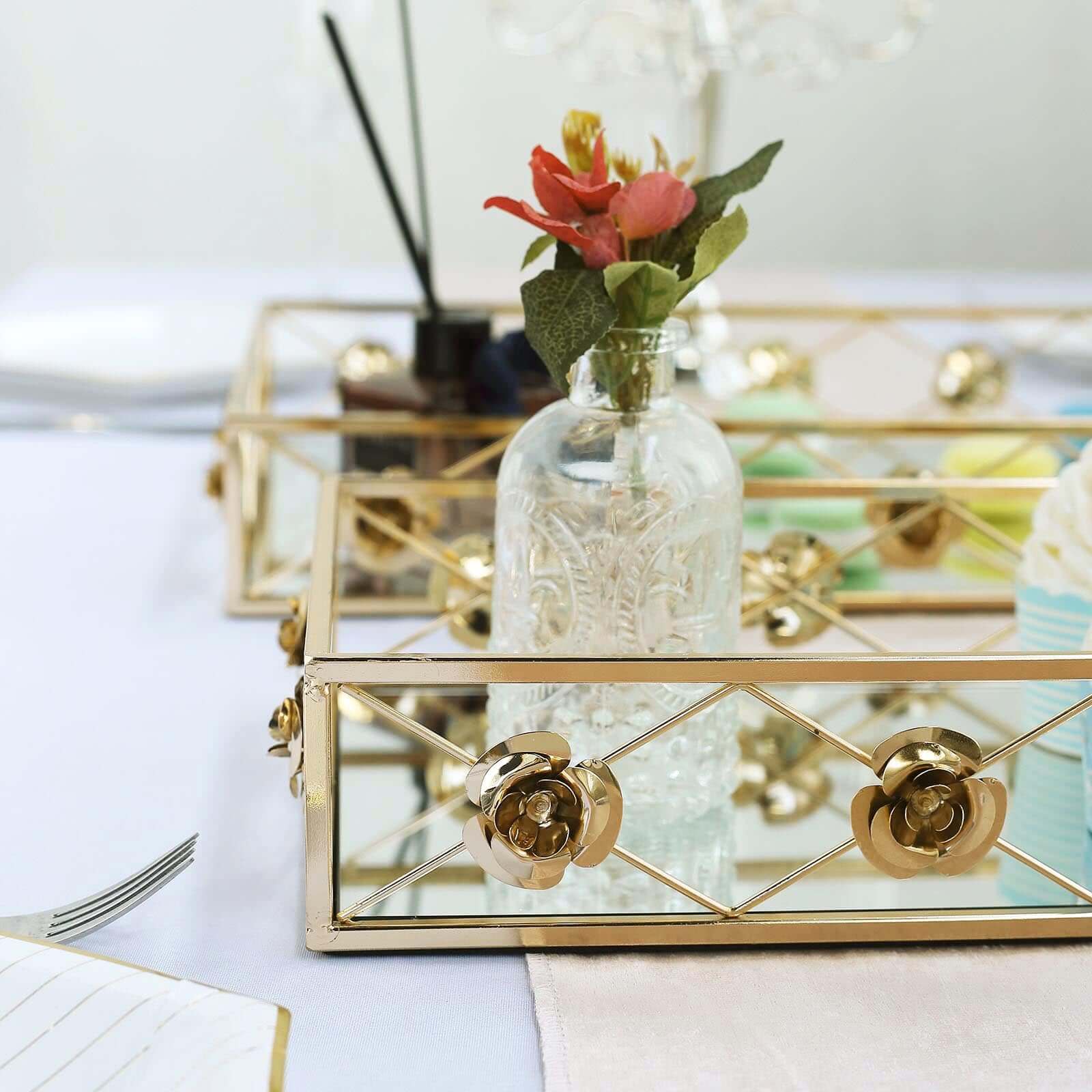 Set of 2 Metal Mirrored Serving Trays 15"x8", 19"x12" Rectangle Gold with Rose Borders - Glamorous Decorative Vanity Tray Centerpiece - Image 8