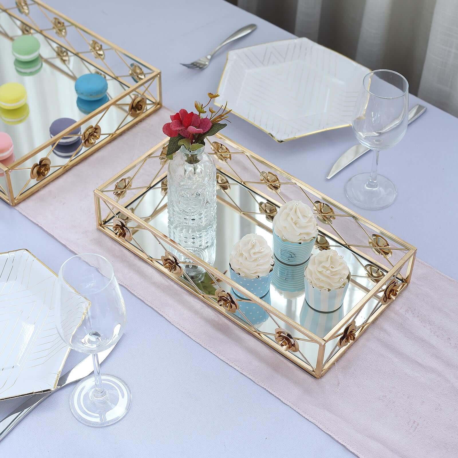 Set of 2 Metal Mirrored Serving Trays 15"x8", 19"x12" Rectangle Gold with Rose Borders - Glamorous Decorative Vanity Tray Centerpiece - Image 9