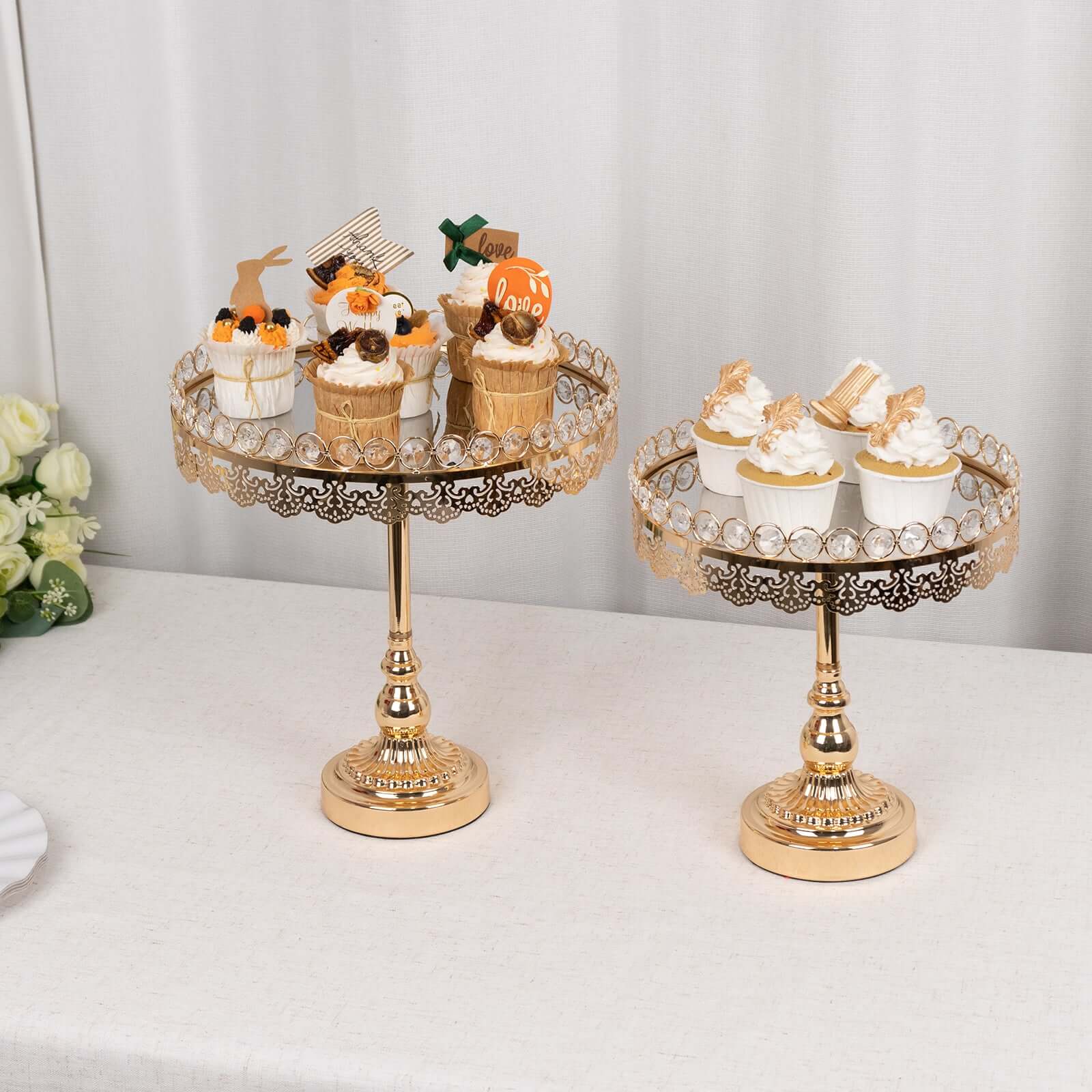 Set of 2 Metal Pedestal Cake Stands 11", 13" Round Design with Mirror Top Gold - Crystal Beaded Cupcake Dessert Display