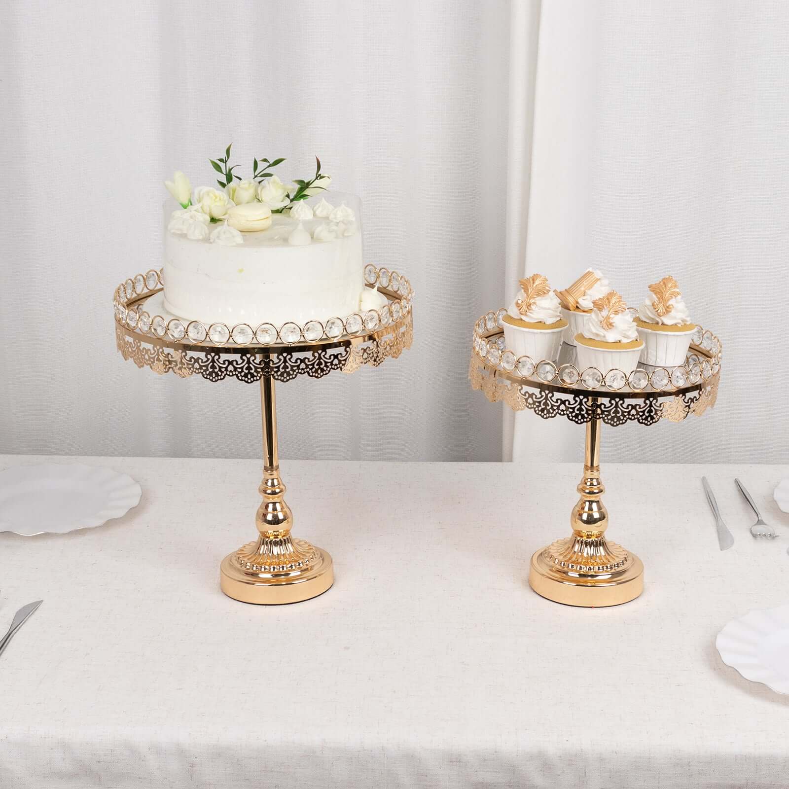 Set of 2 Metal Pedestal Cake Stands 11", 13" Round Design with Mirror Top Gold - Crystal Beaded Cupcake Dessert Display - Image 10