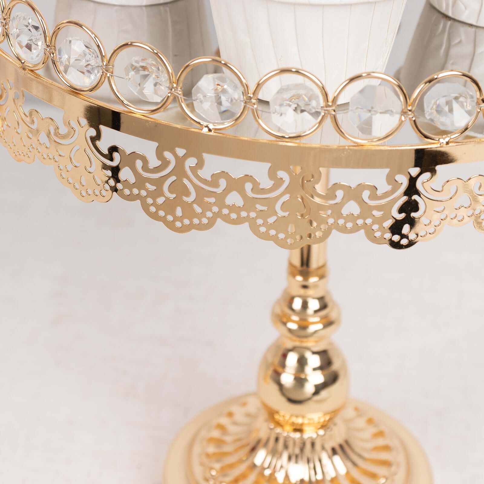 Set of 2 Metal Pedestal Cake Stands 11", 13" Round Design with Mirror Top Gold - Crystal Beaded Cupcake Dessert Display - Image 2