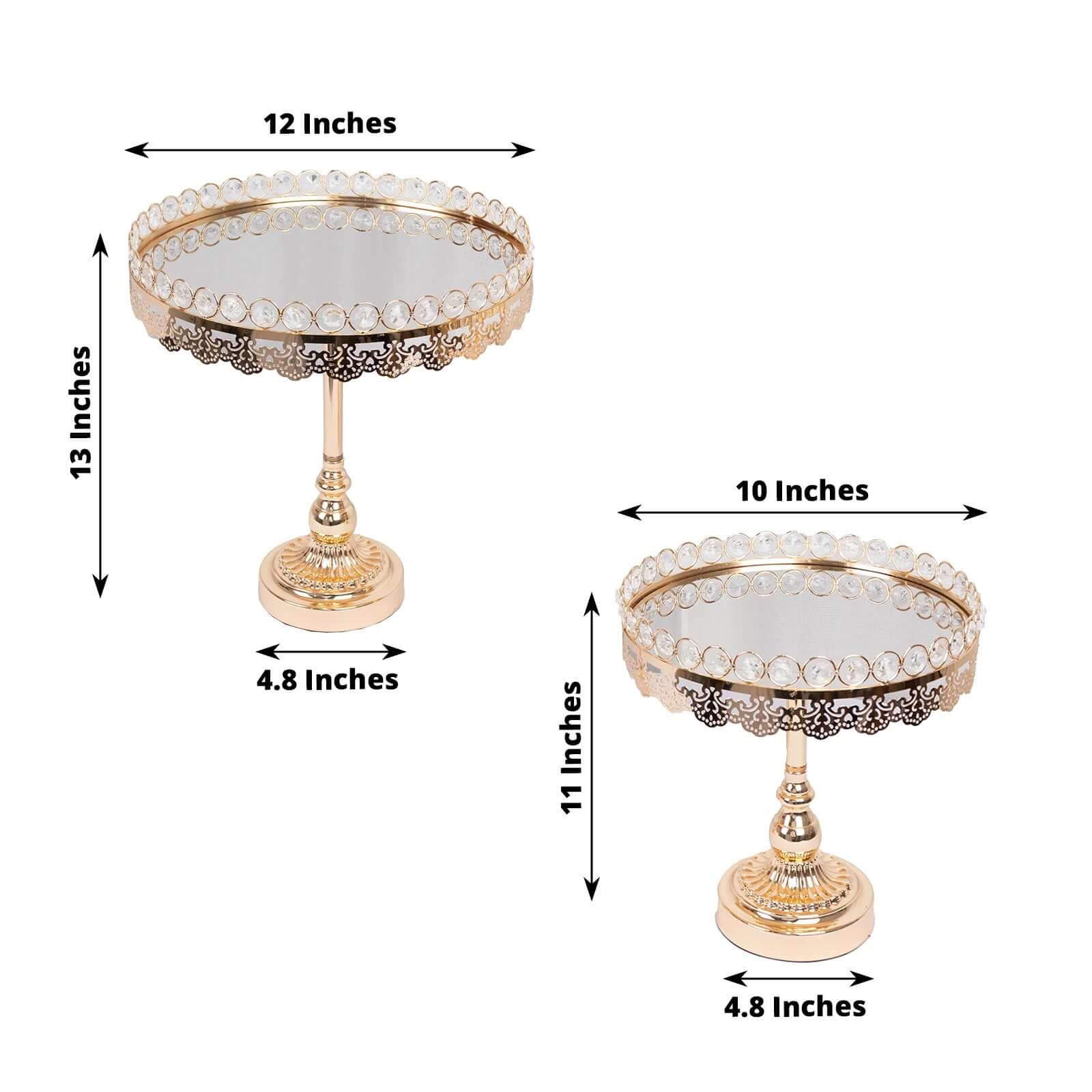 Set of 2 Metal Pedestal Cake Stands 11", 13" Round Design with Mirror Top Gold - Crystal Beaded Cupcake Dessert Display - Image 3