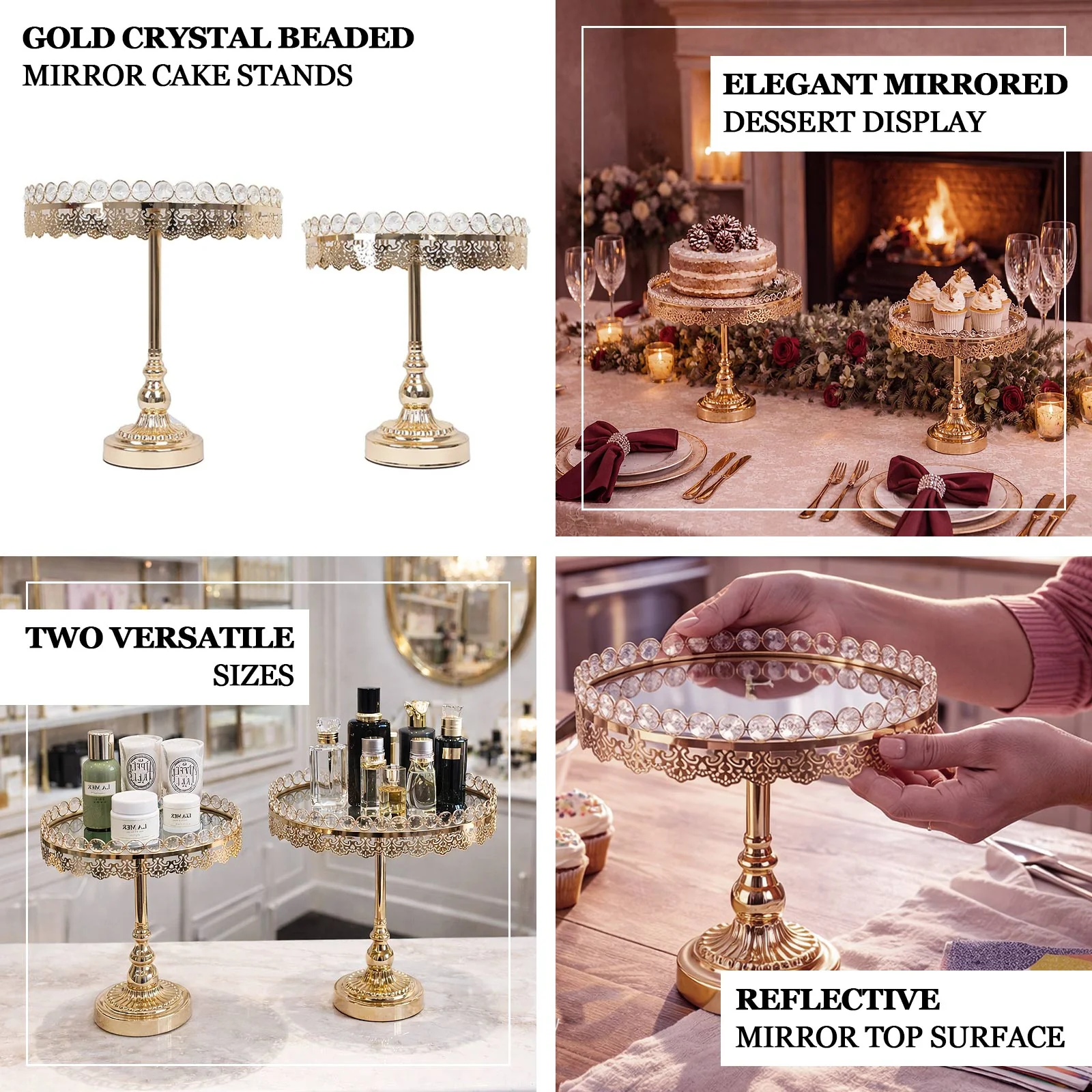Set of 2 Metal Pedestal Cake Stands 11", 13" Round Design with Mirror Top Gold - Crystal Beaded Cupcake Dessert Display - Image 4