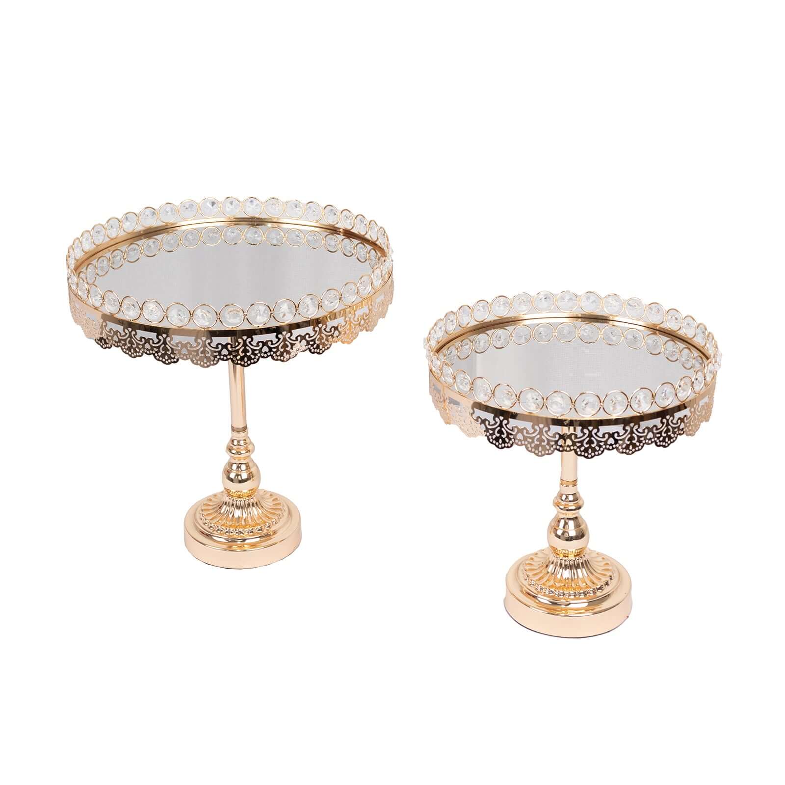 Set of 2 Metal Pedestal Cake Stands 11", 13" Round Design with Mirror Top Gold - Crystal Beaded Cupcake Dessert Display - Image 6