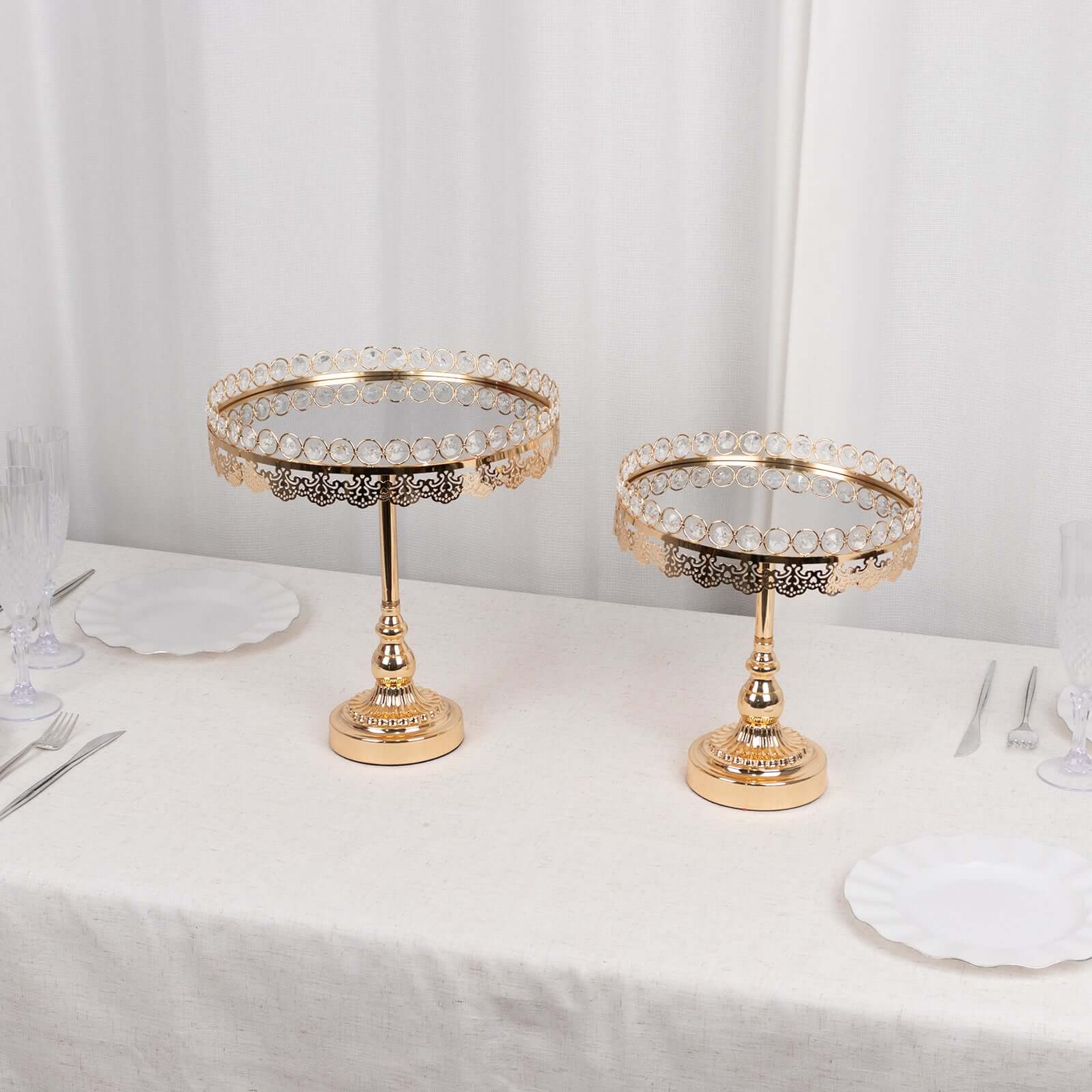 Set of 2 Metal Pedestal Cake Stands 11", 13" Round Design with Mirror Top Gold - Crystal Beaded Cupcake Dessert Display - Image 7