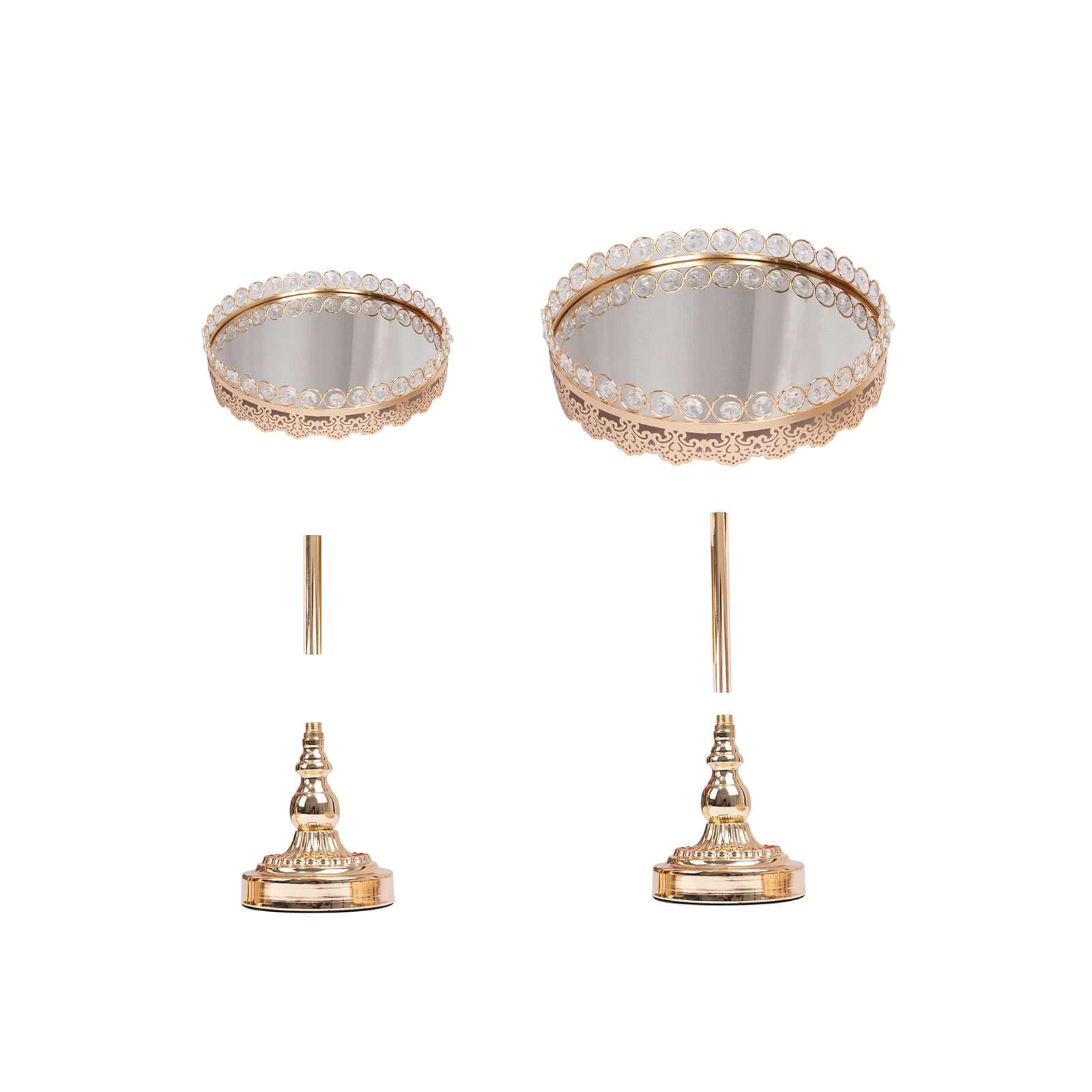 Set of 2 Metal Pedestal Cake Stands 11", 13" Round Design with Mirror Top Gold - Crystal Beaded Cupcake Dessert Display - Image 8