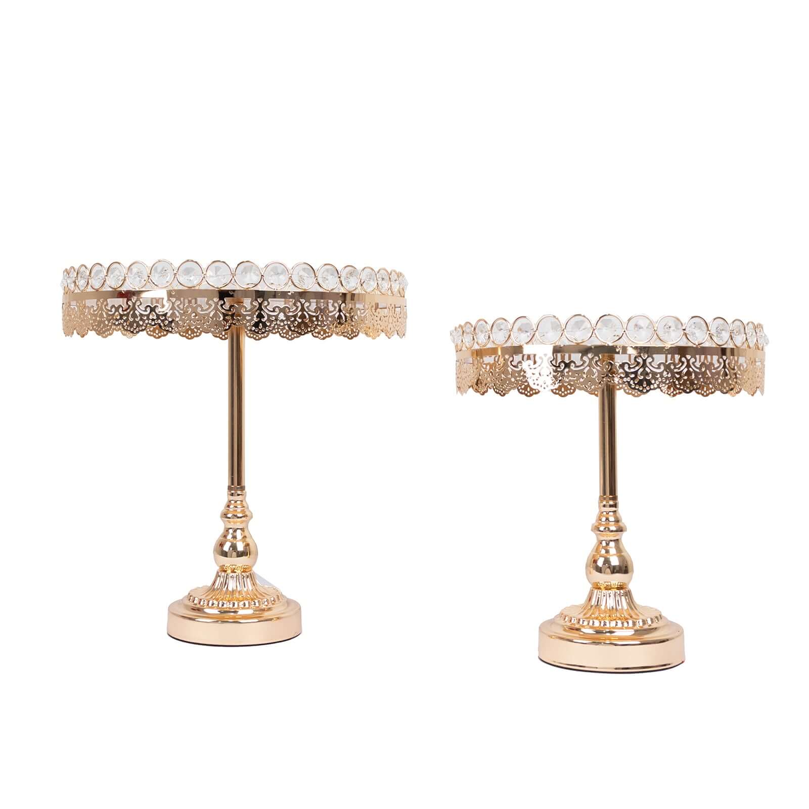 Set of 2 Metal Pedestal Cake Stands 11", 13" Round Design with Mirror Top Gold - Crystal Beaded Cupcake Dessert Display - Image 9
