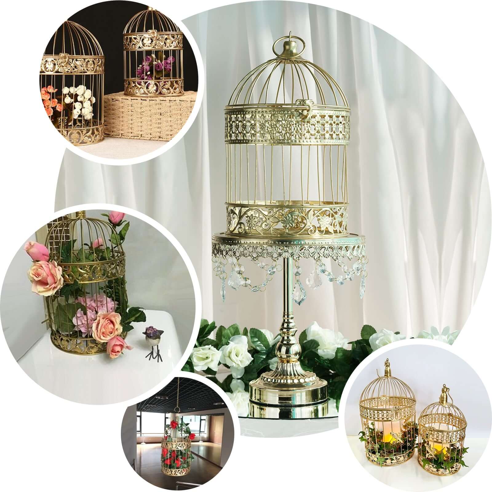 Set of 2 Metallic Gold Wrought Iron Card Holders 9"/13" Bird Cage Design - Decorative Display Stand - Image 5