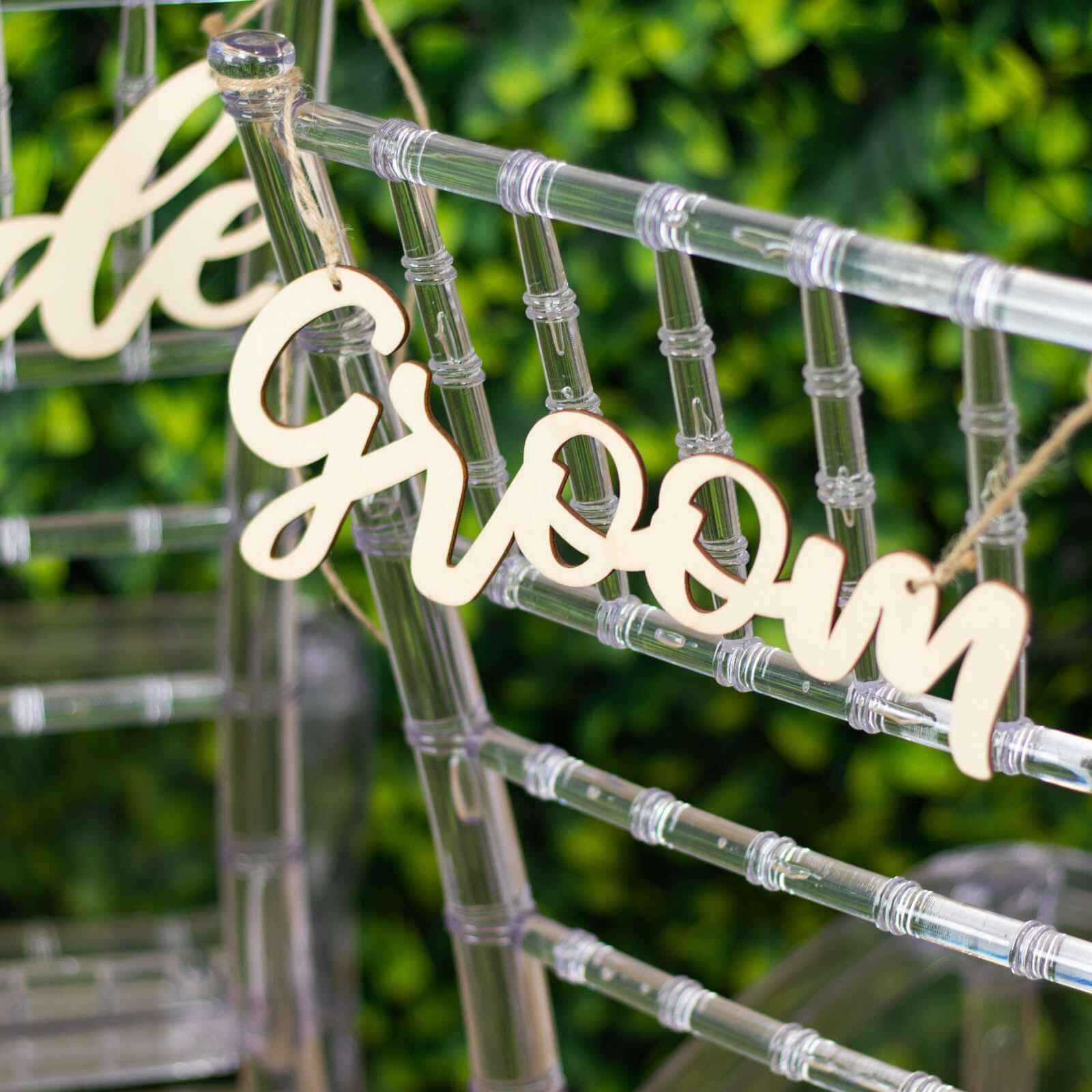 Set of 2 Natural Wood Bride and Groom Chair Signs 12"x5" - Rustic Calligraphy Hanging Wedding Decor & Photo Booth Props - Image 2