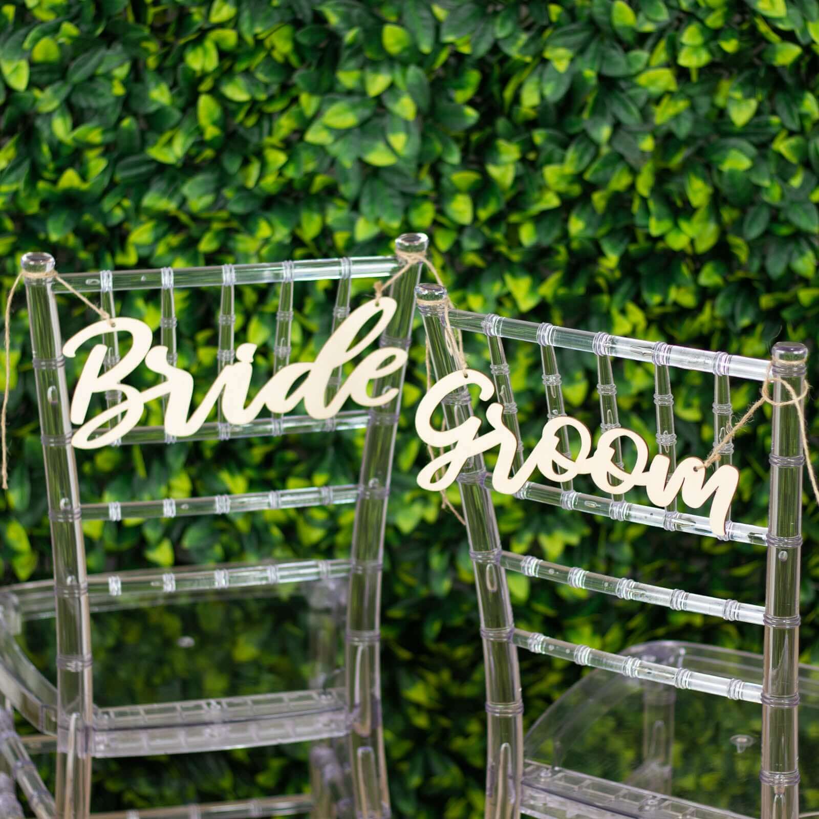 Set of 2 Natural Wood Bride and Groom Chair Signs 12"x5" - Rustic Calligraphy Hanging Wedding Decor & Photo Booth Props - Image 4