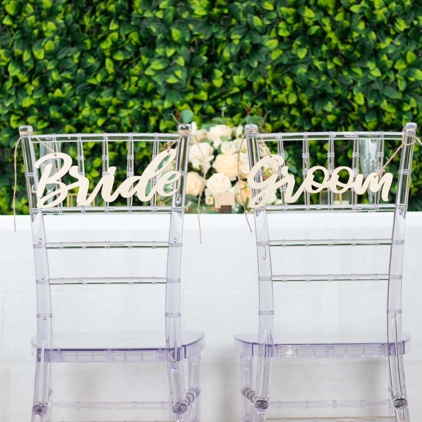Set of 2 Natural Wood Bride and Groom Chair Signs 12"x5" - Rustic Calligraphy Hanging Wedding Decor & Photo Booth Props - Image 5