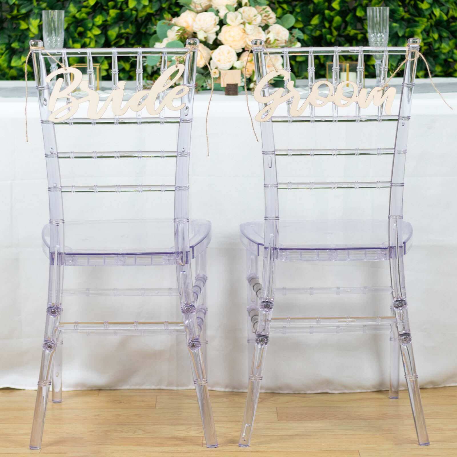 Set of 2 Natural Wood Bride and Groom Chair Signs 12"x5" - Rustic Calligraphy Hanging Wedding Decor & Photo Booth Props - Image 7