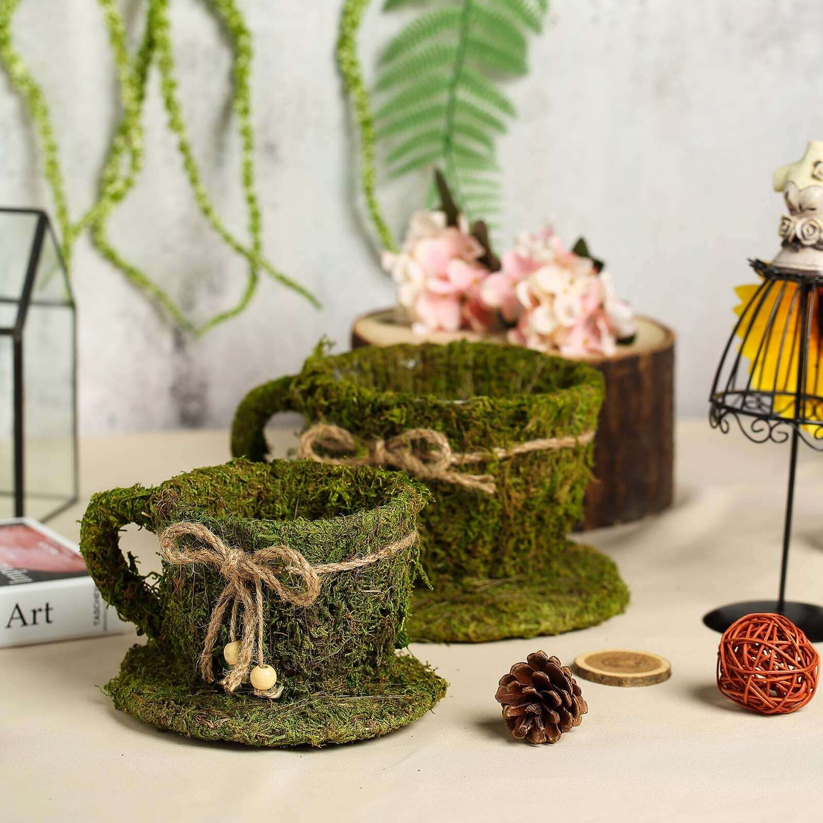 Set of 2 Preserved Moss Planter Boxes 5", 4" Teacup Shaped Green with Twine - Decorative Flower Baskets - Image 2