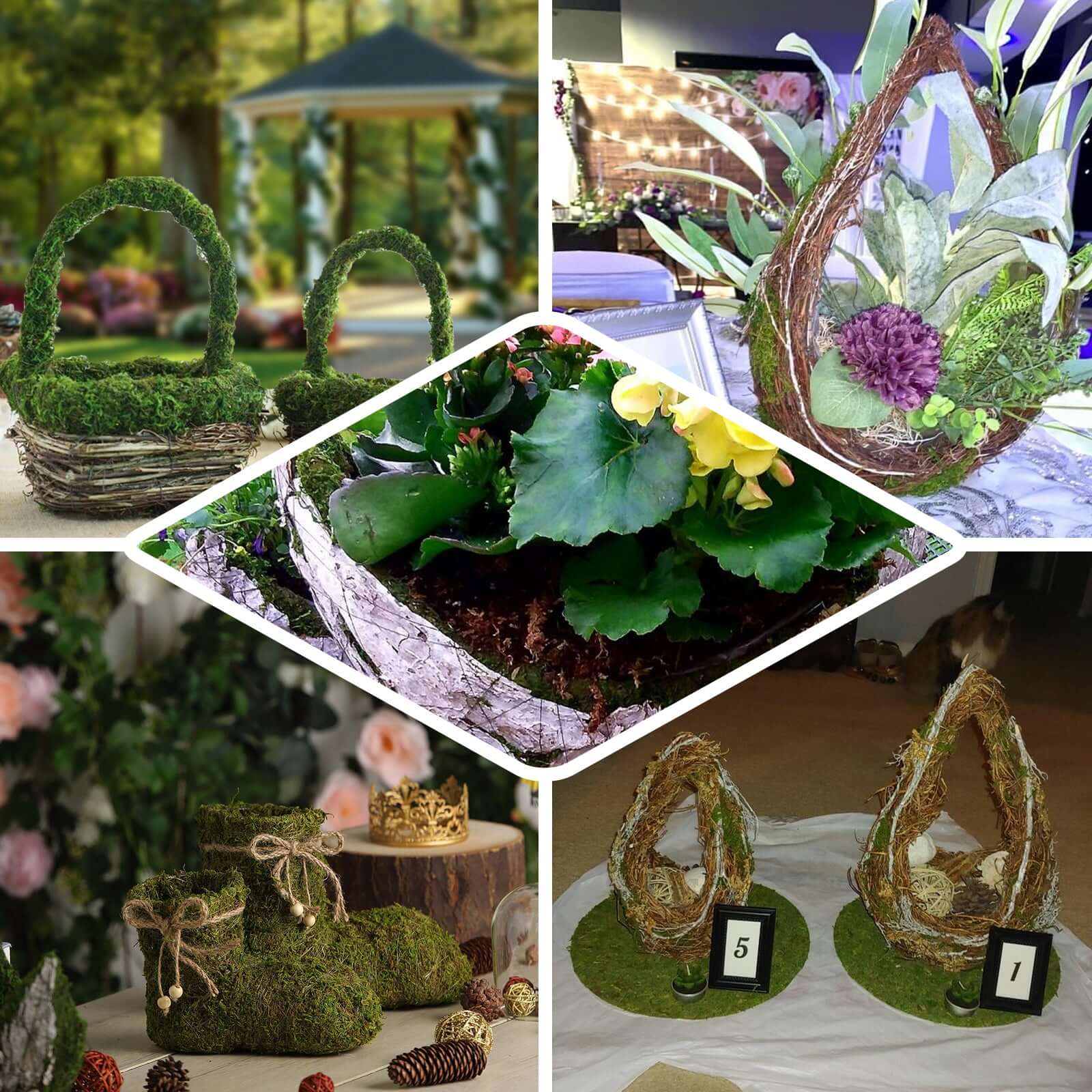 Set of 2 Preserved Moss Planter Boxes 5", 4" Teacup Shaped Green with Twine - Decorative Flower Baskets - Image 4