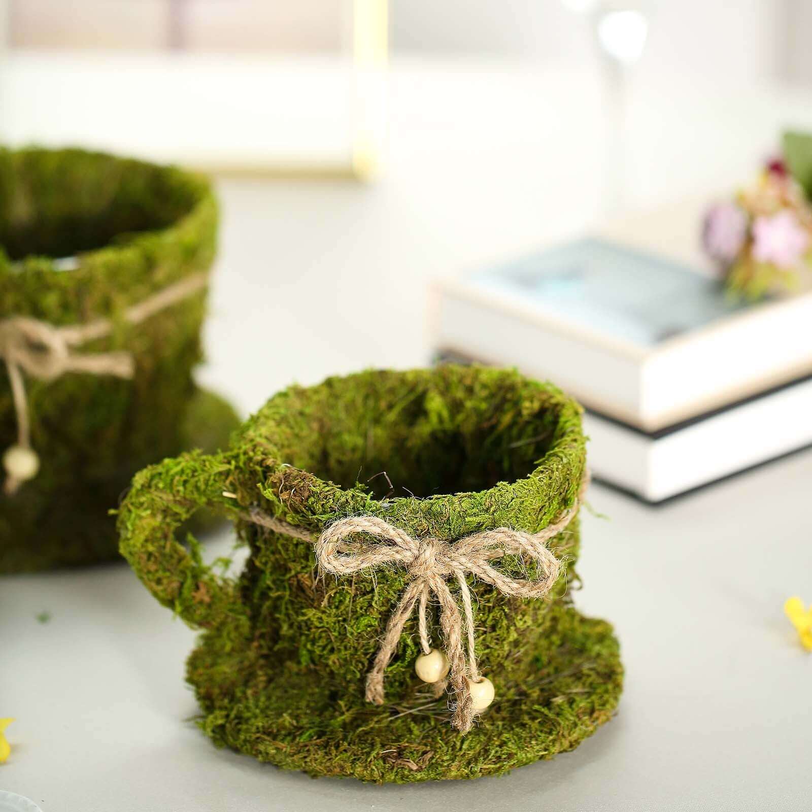 Set of 2 Preserved Moss Planter Boxes 5", 4" Teacup Shaped Green with Twine - Decorative Flower Baskets - Image 5