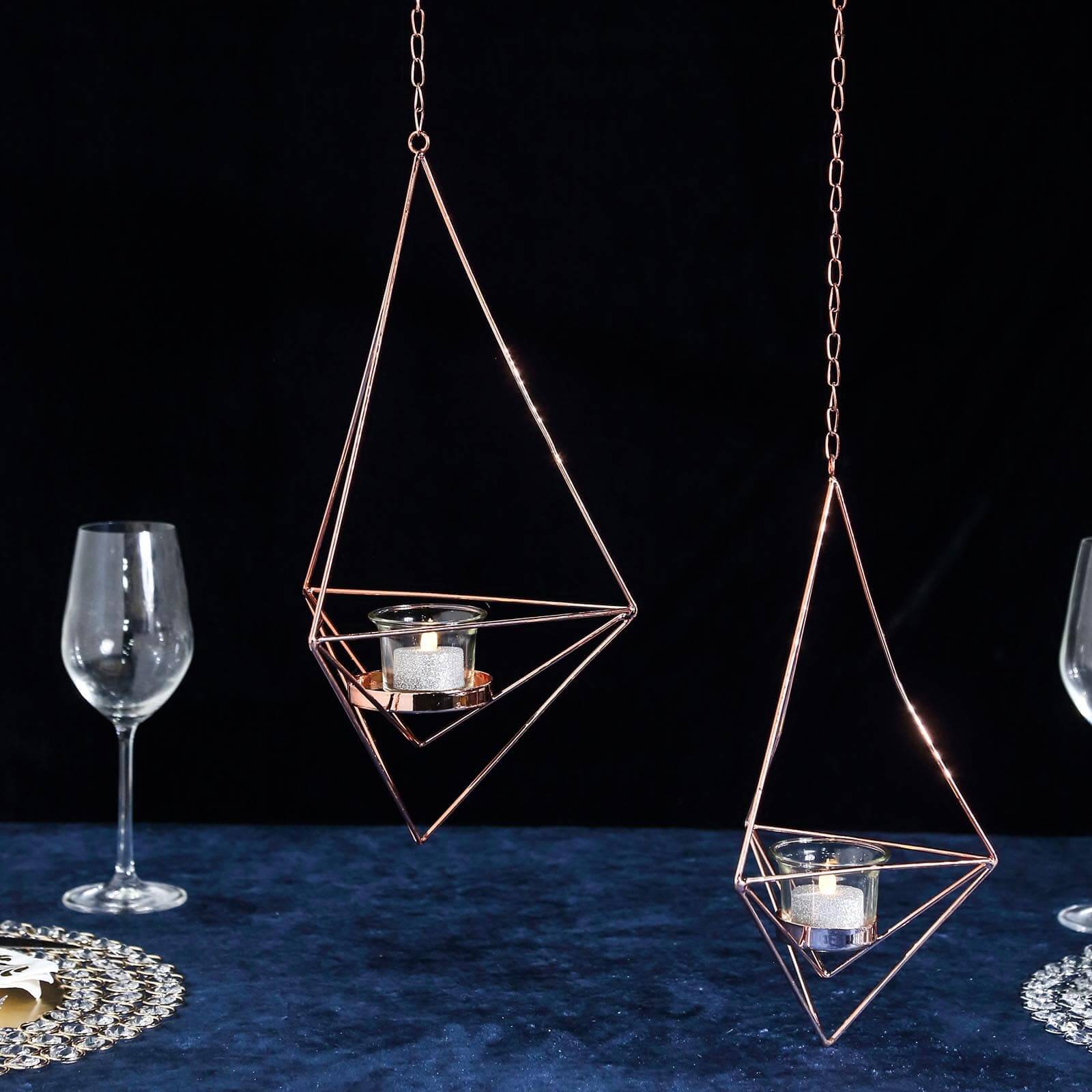 Set of 2 Rose Gold Metal Hanging Tealight Candle Holders 12", 15" Diamond Open Frame - Geometric Flower Terrariums - Image 10