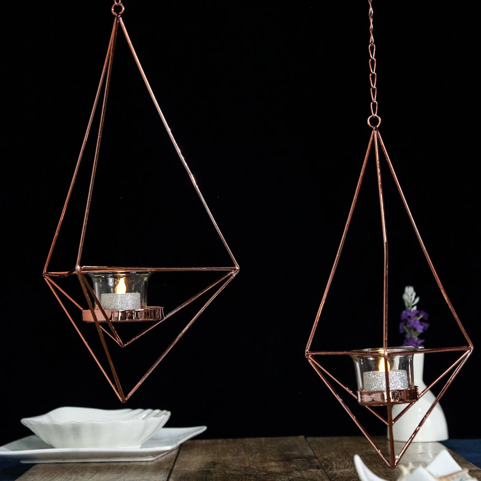 Set of 2 Rose Gold Metal Hanging Tealight Candle Holders 12", 15" Diamond Open Frame - Geometric Flower Terrariums - Image 11