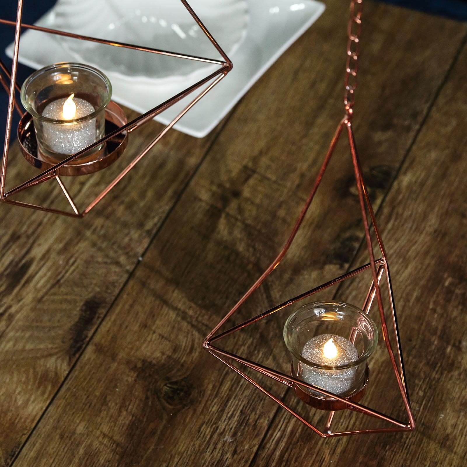 Set of 2 Rose Gold Metal Hanging Tealight Candle Holders 12", 15" Diamond Open Frame - Geometric Flower Terrariums - Image 12