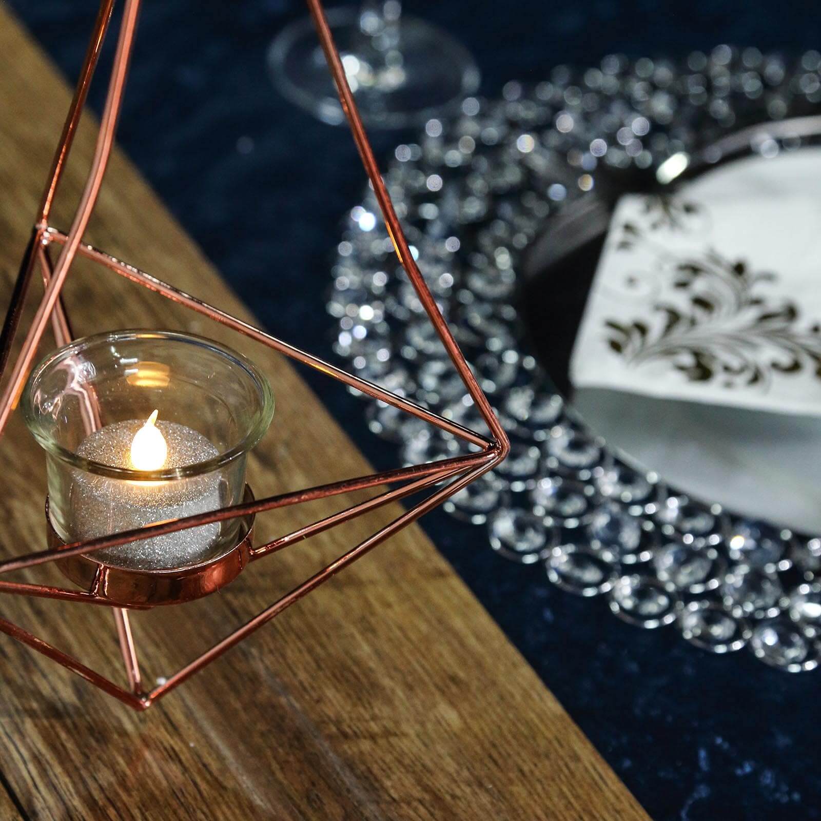 Set of 2 Rose Gold Metal Hanging Tealight Candle Holders 12", 15" Diamond Open Frame - Geometric Flower Terrariums - Image 13
