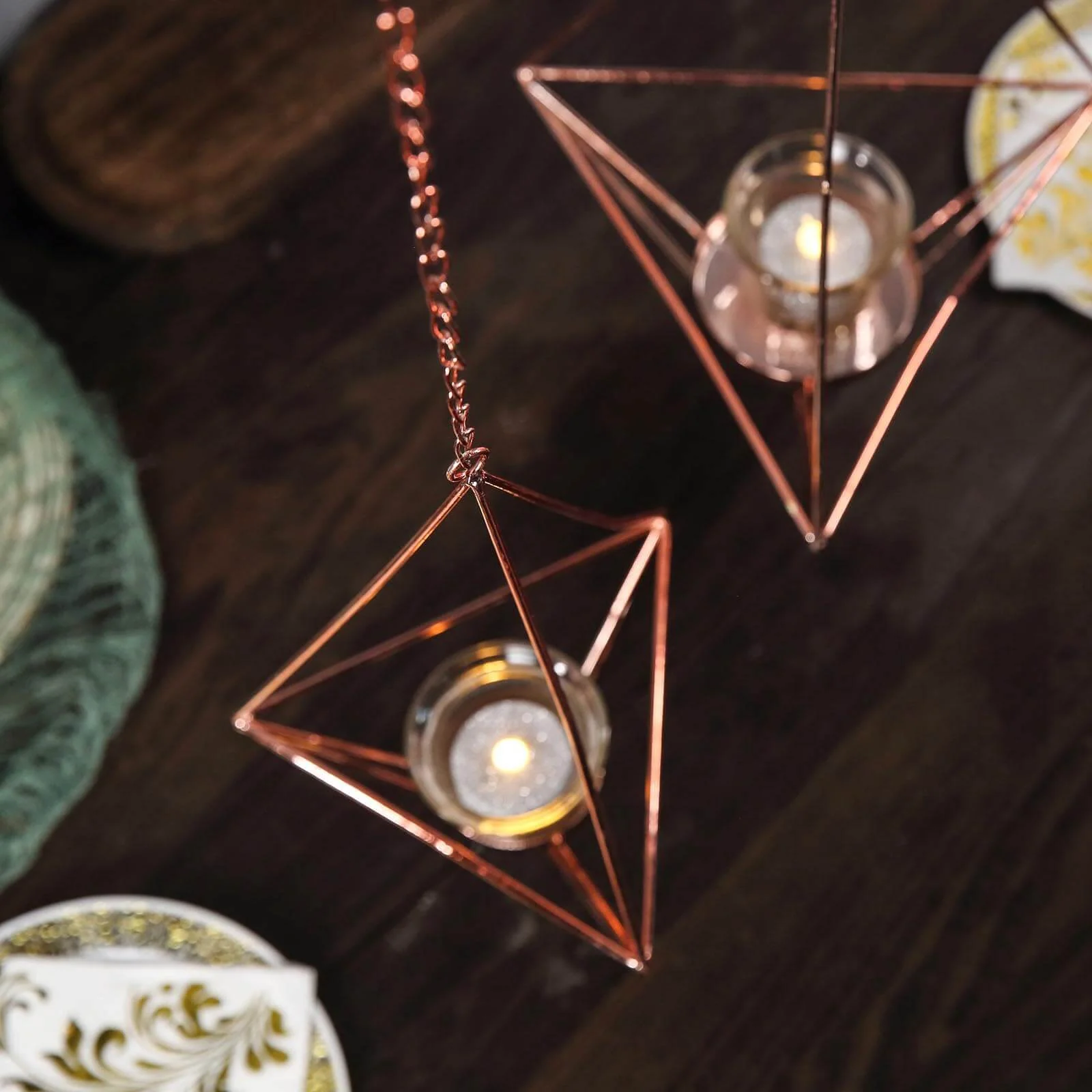 Set of 2 Rose Gold Metal Hanging Tealight Candle Holders 12", 15" Diamond Open Frame - Geometric Flower Terrariums - Image 14