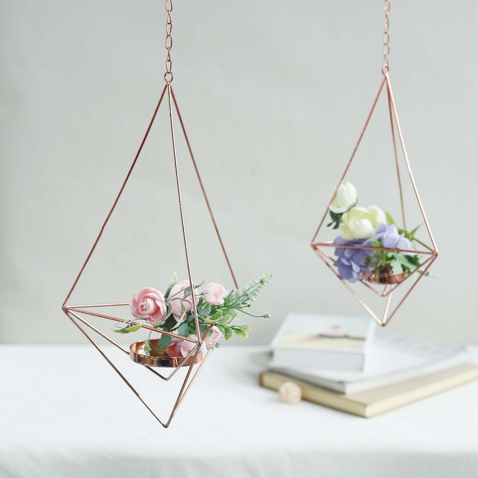 Set of 2 Rose Gold Metal Hanging Tealight Candle Holders 12", 15" Diamond Open Frame - Geometric Flower Terrariums - Image 16