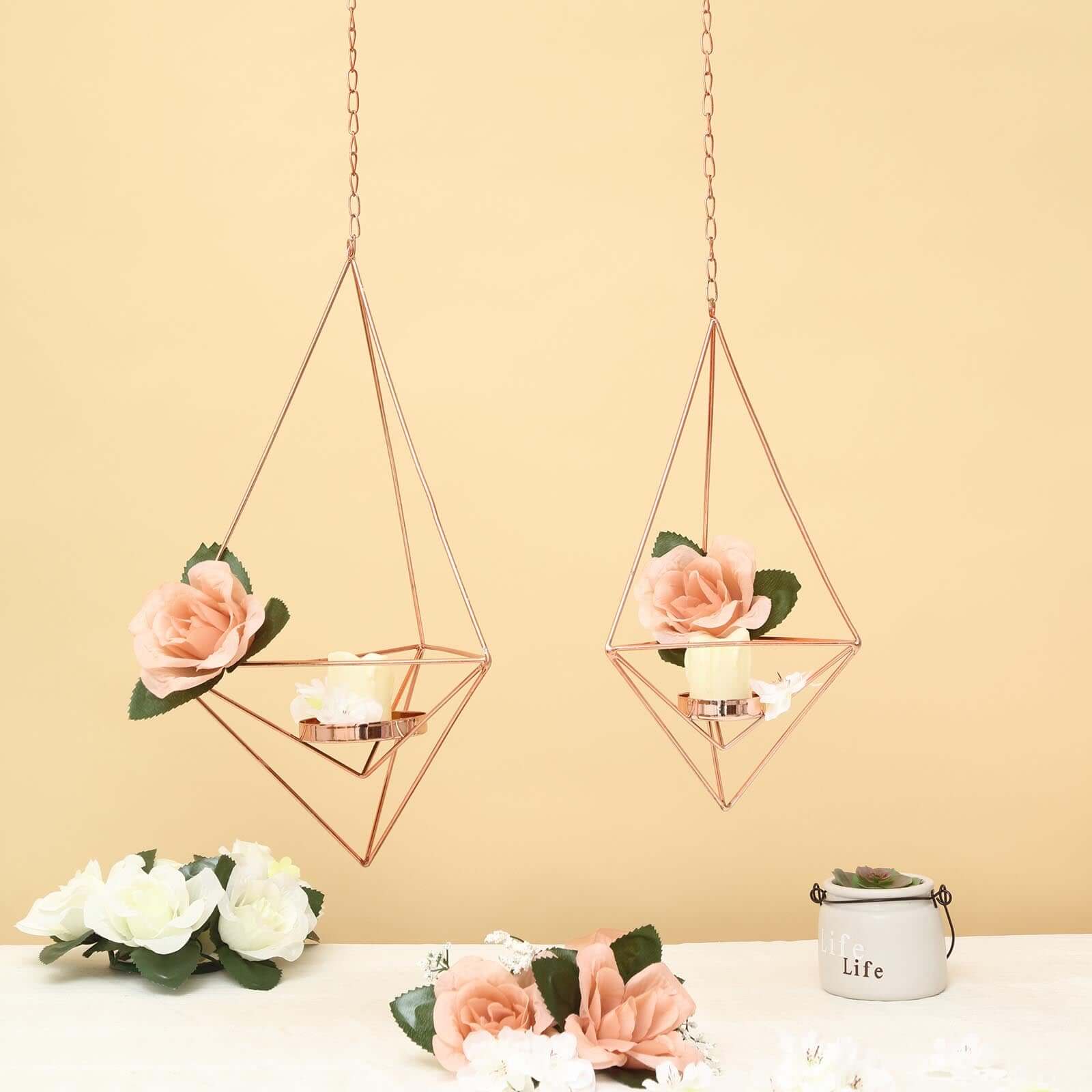 Set of 2 Rose Gold Metal Hanging Tealight Candle Holders 12", 15" Diamond Open Frame - Geometric Flower Terrariums - Image 17