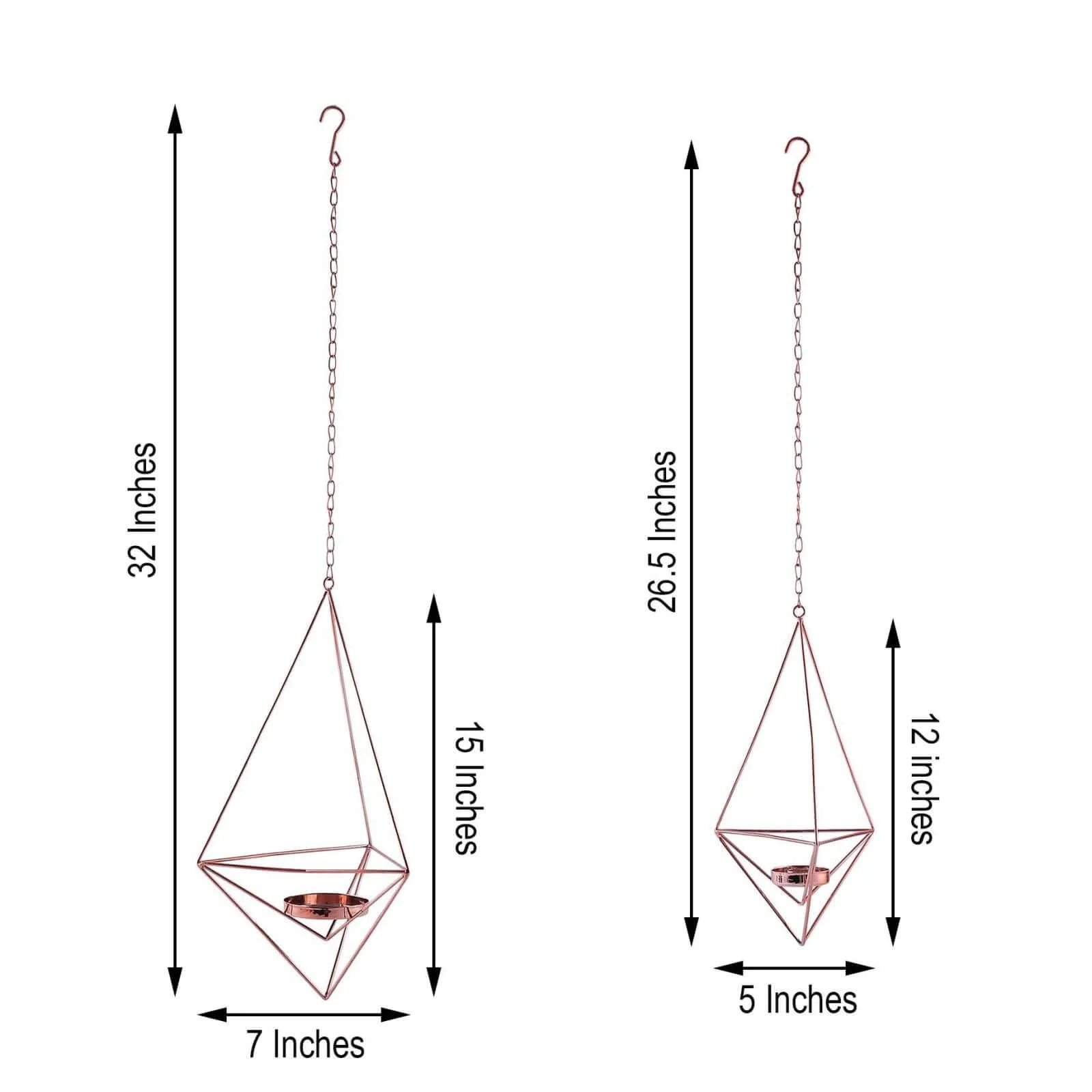 Set of 2 Rose Gold Metal Hanging Tealight Candle Holders 12", 15" Diamond Open Frame - Geometric Flower Terrariums - Image 3