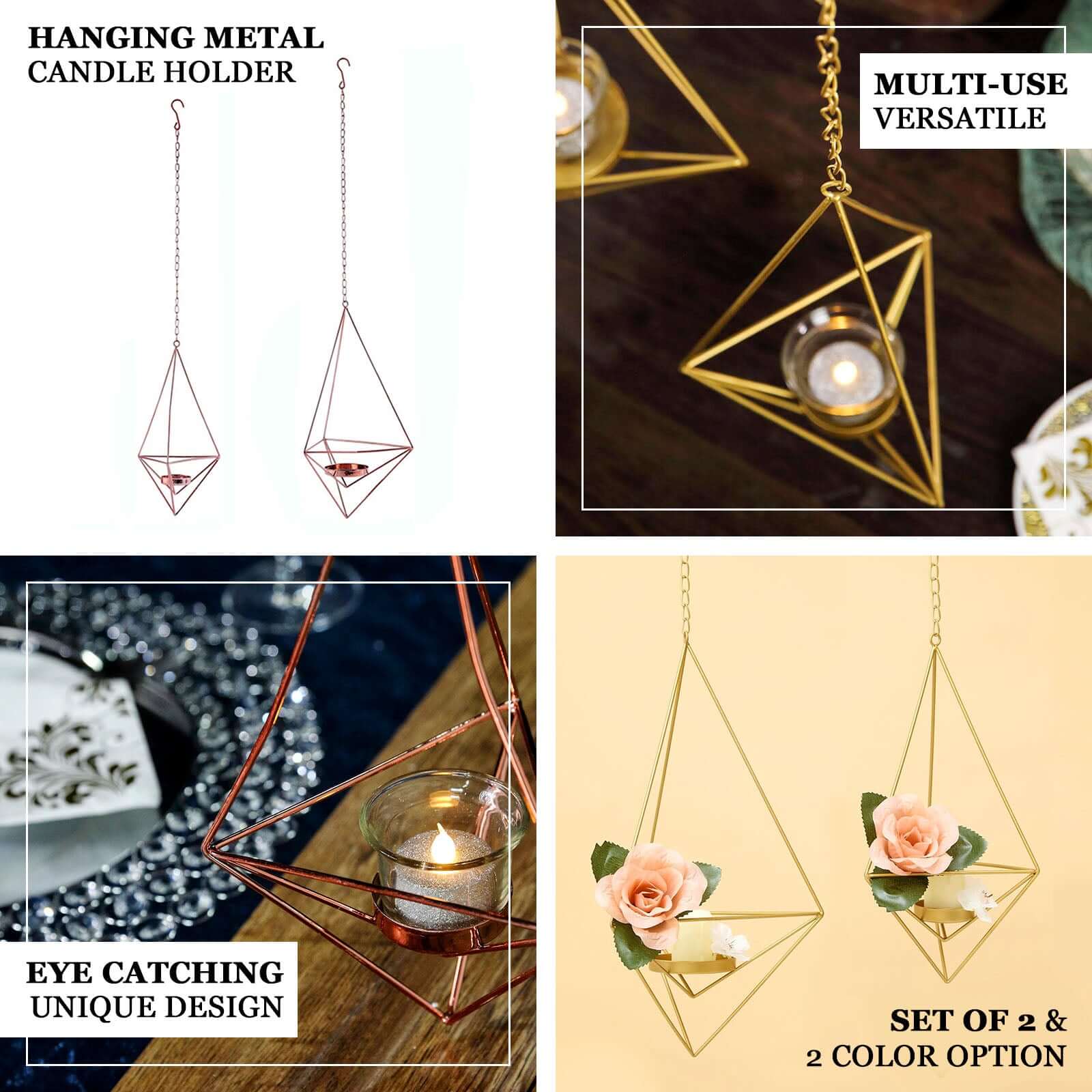 Set of 2 Rose Gold Metal Hanging Tealight Candle Holders 12", 15" Diamond Open Frame - Geometric Flower Terrariums - Image 4